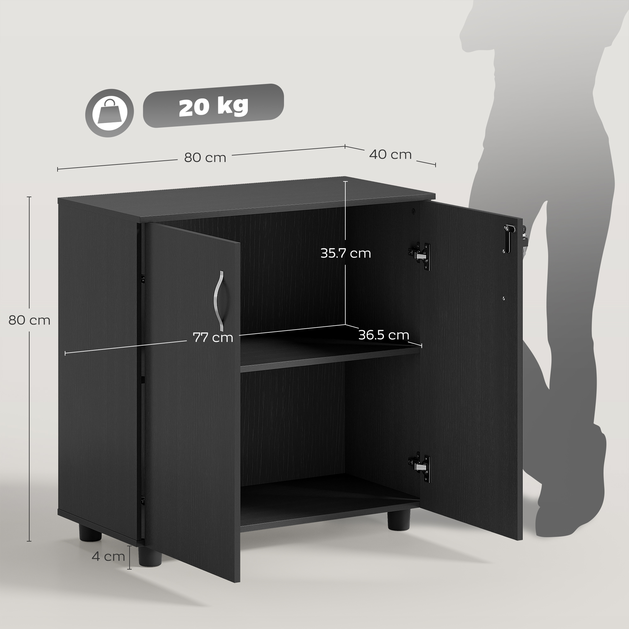  Dulap de Birou pentru Documente Multifunctional cu incuietoare, 2 Usi si Raft Interior, 80x40x80 cm, Negru [2]