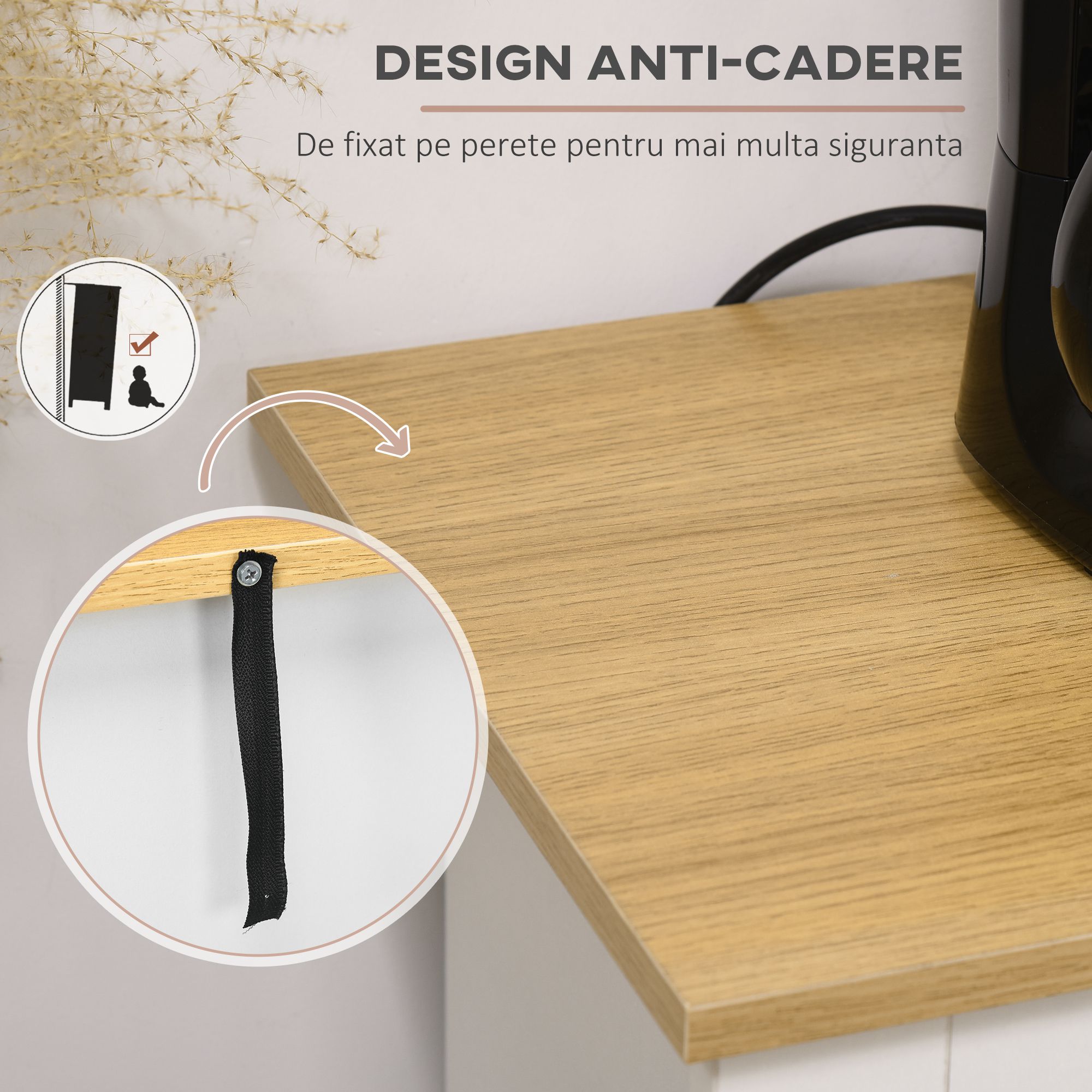  Bufet din Lemn cu 2 Sertare si 2 Dulapuri, 117x35x80 cm, Alb si Finisaj Lemn [6]