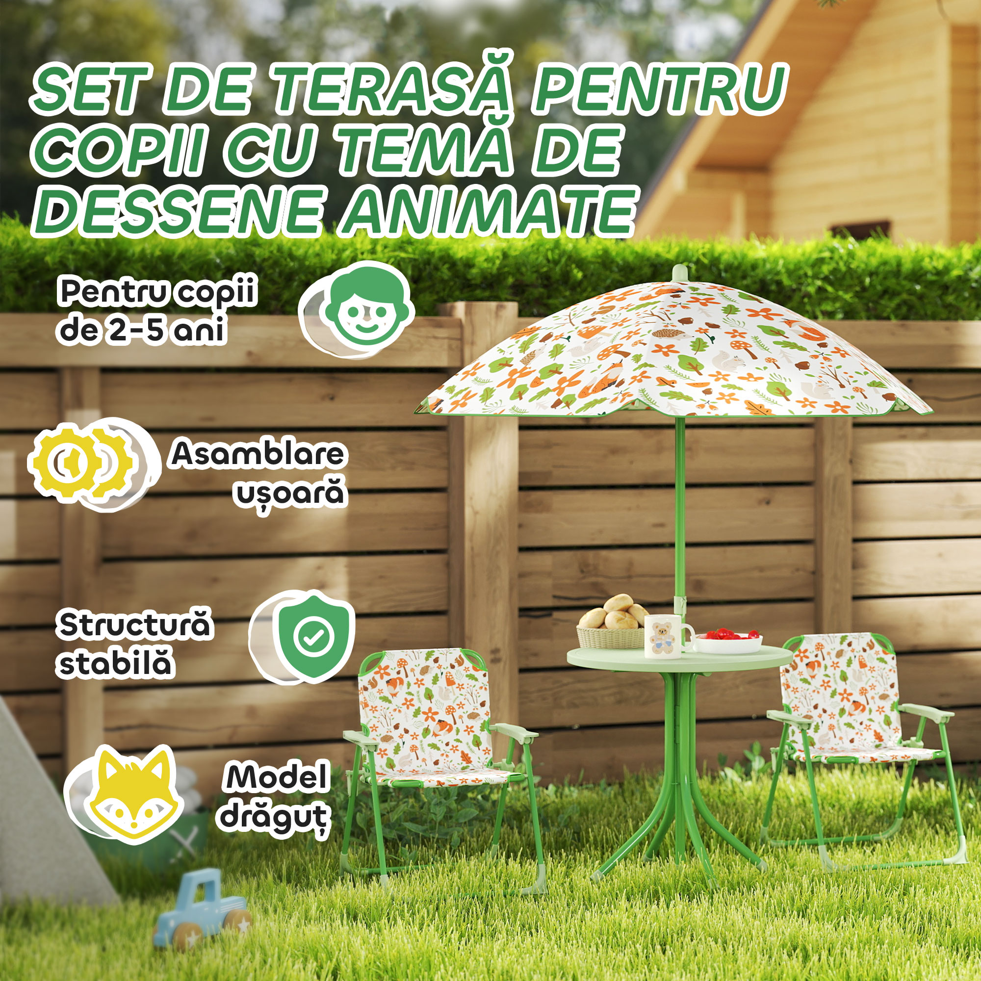  Set de Mobilier de Gradina din 4 Piese cu Masa, Scaune si Umbrela de Soare Reglabila, 50xΦ49,5 cm, Verde [6]