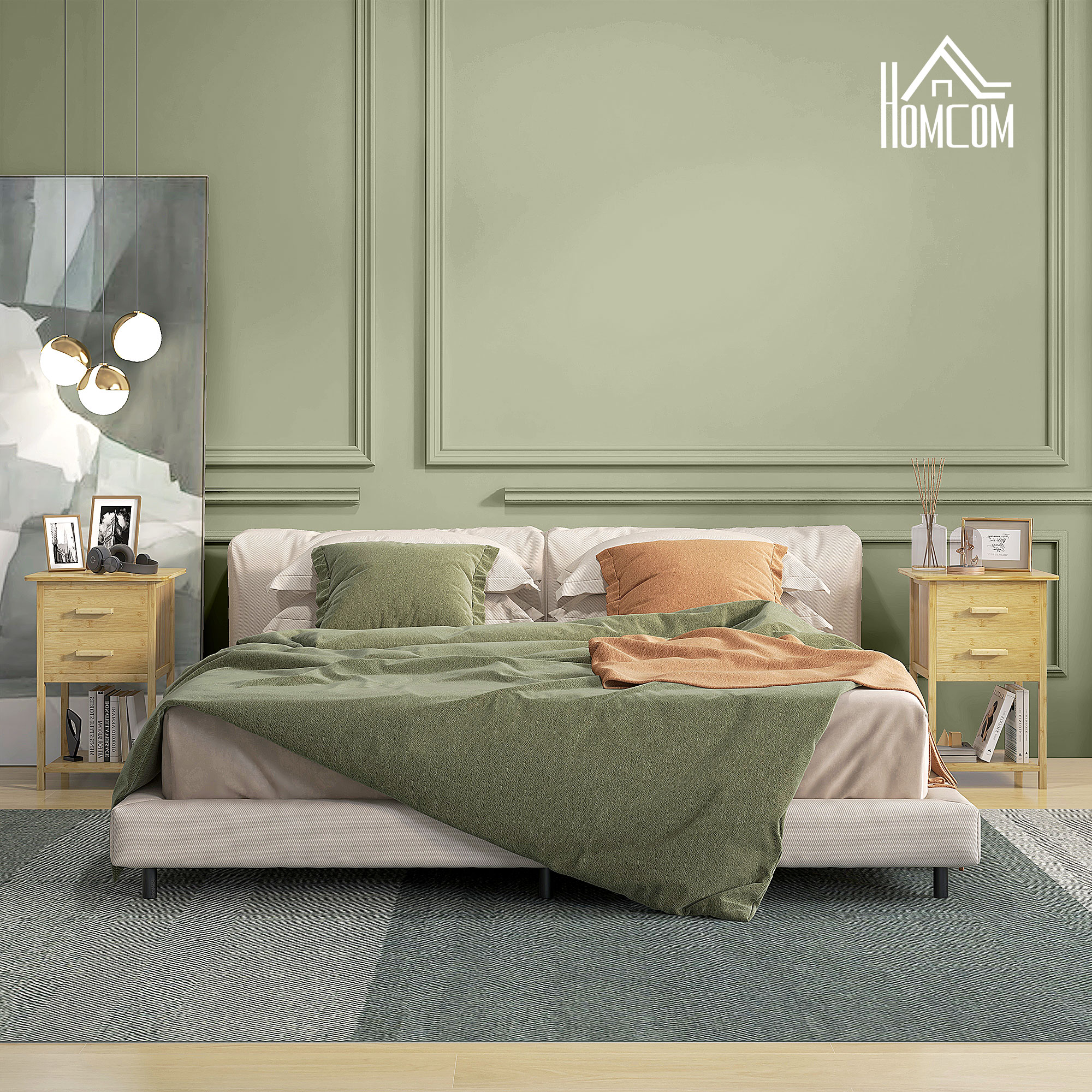  Set 2 noptiere cu 2 sertare si raft inferior in stil nordic, din bambus, 40x34x60 cm [6]