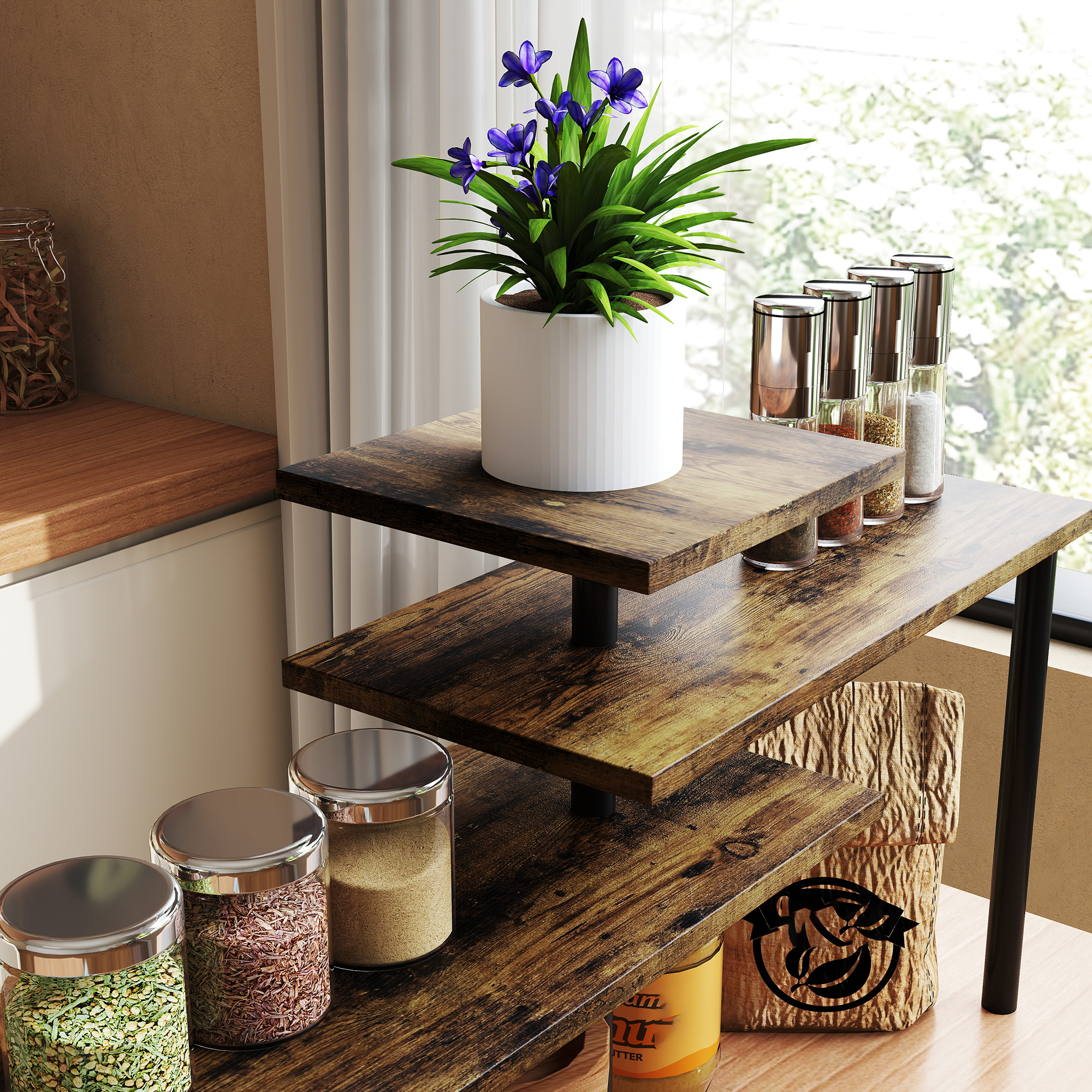  Raft de Bucatarie cu 3 Nivele Rotative Economisitor de Spatiu din Lemn si Otel, 40x10x36.5 cm, Maro Rustic [8]