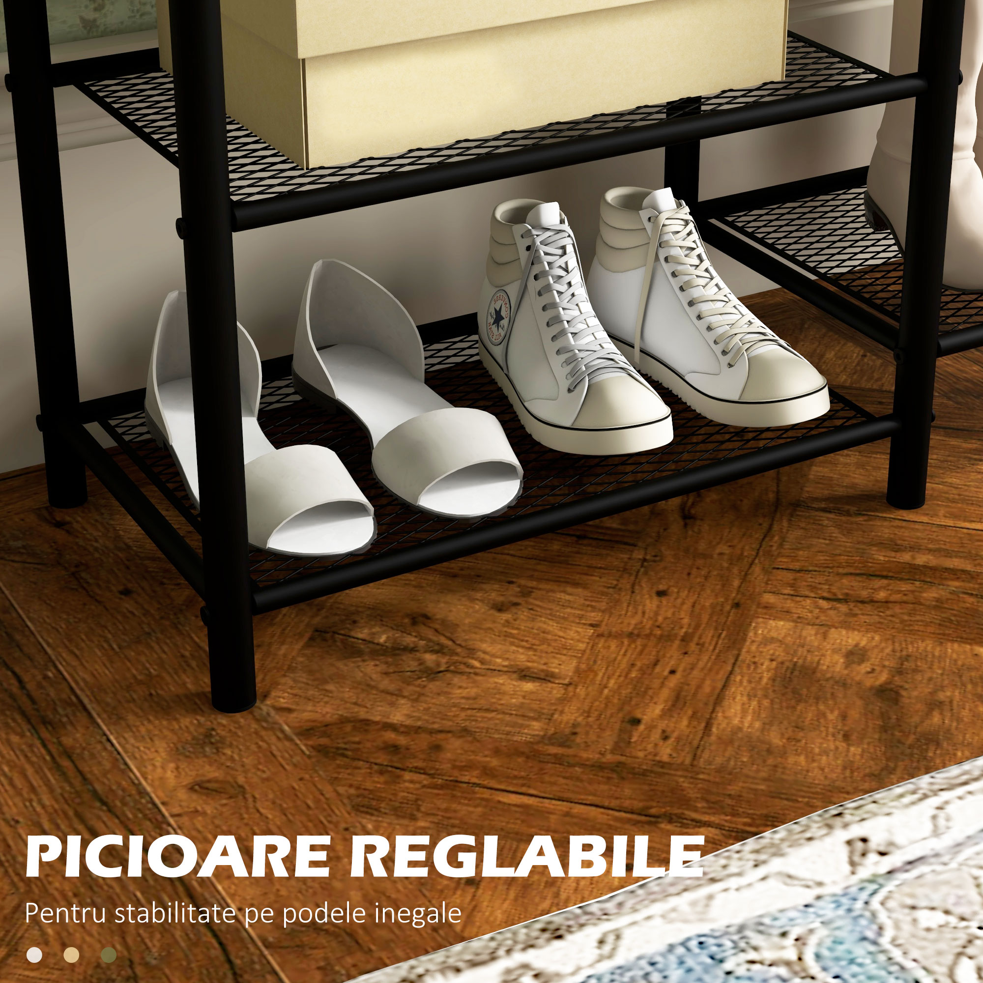  Cuier de Podea cu 6 Agatatori din PAL si Otel cu Dulap pentru Pantofi si Depozitare, 92.5x28.2x182 cm [6]