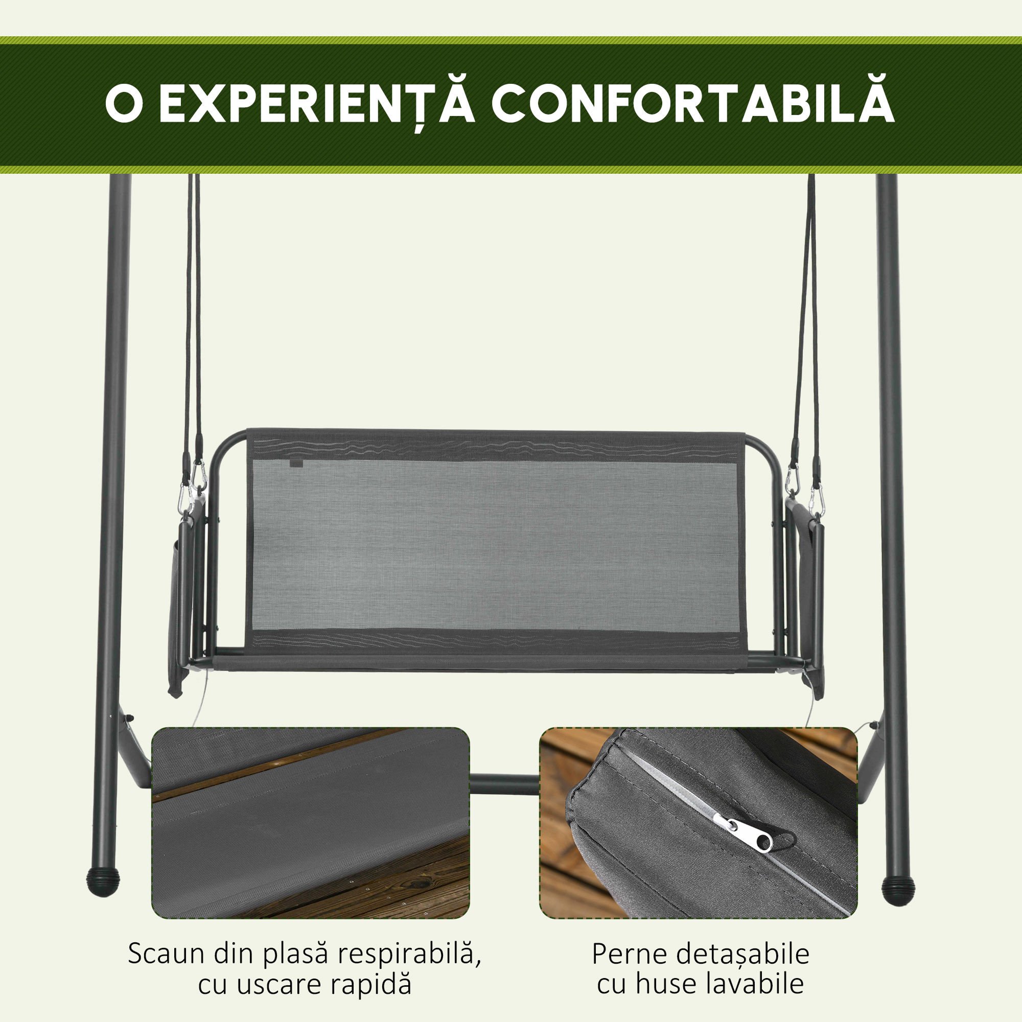  Leagan de Gradina cu 2 Locuri, Perne si Buzunare, Balansoar Exterior din Otel si Textile, 168x117x181 cm, Gri inchis [4]