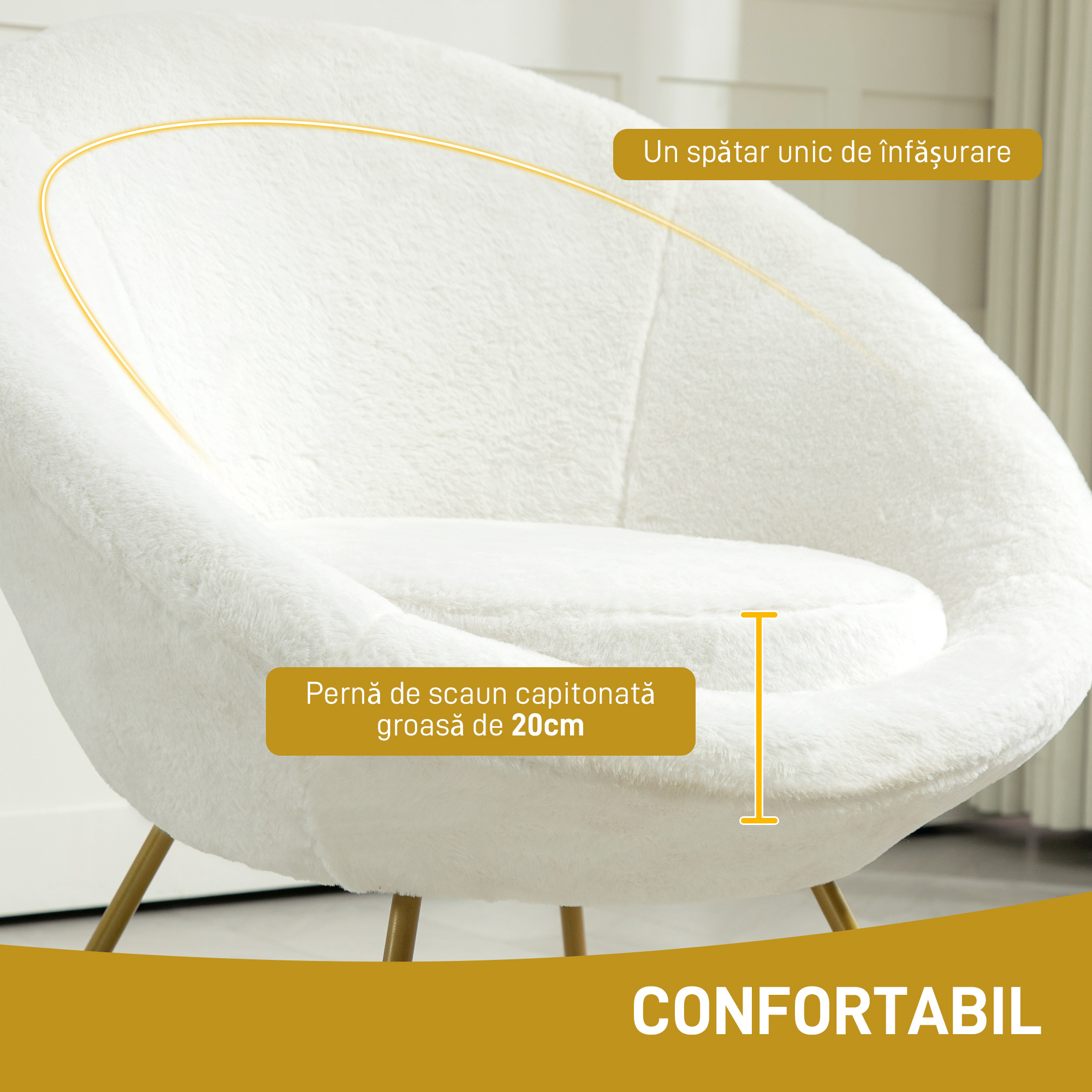  Fotoliu pentru Camera cu Tapiterie din Blana Sintetica si Picioare Metalice, 75x66x79 cm, Alb [7]