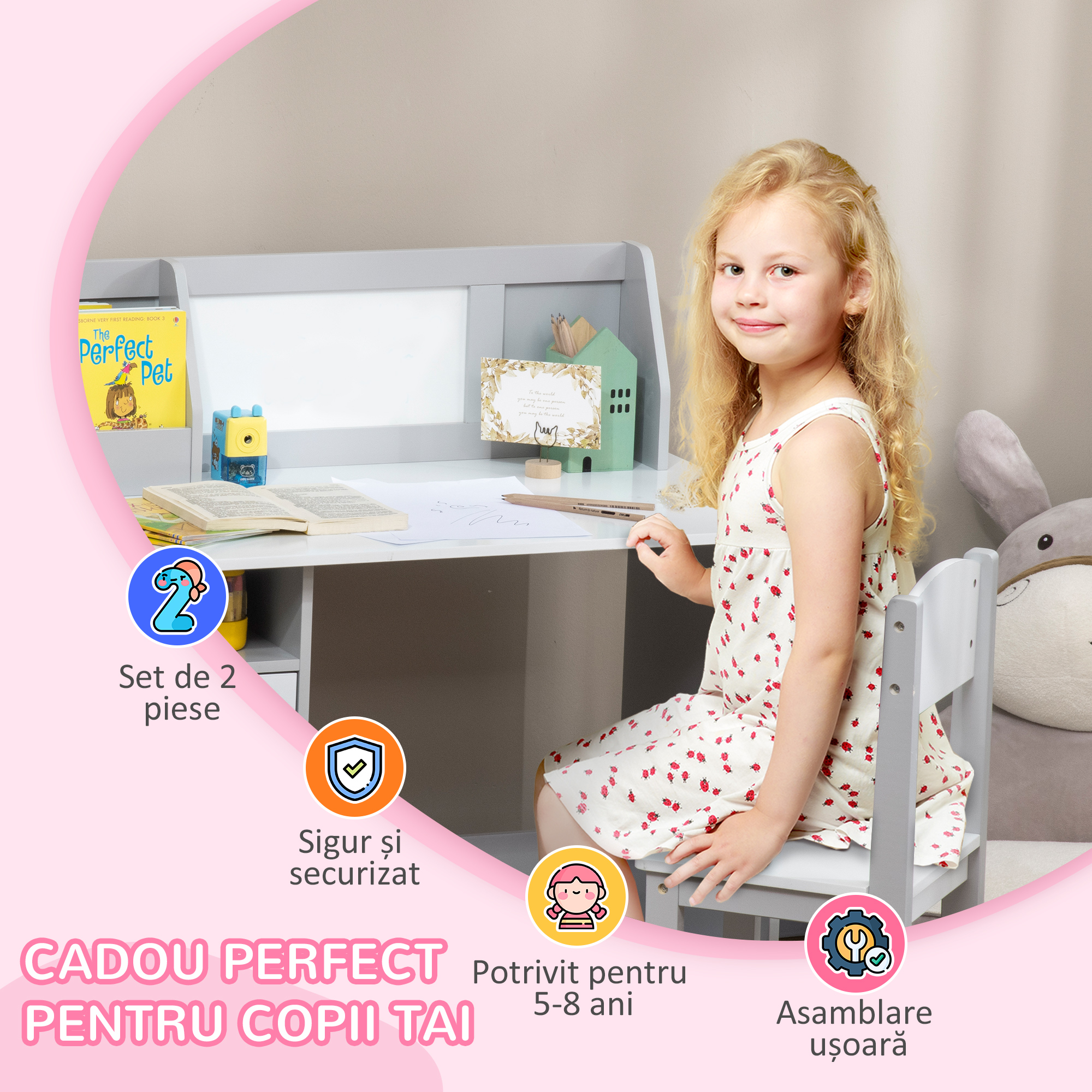  Set Masa si Scaune pentru Copii 5-8 Ani cu Spatiu de Depozitare, Tabla si Scaun, 90x45x85 cm, Roz [5]