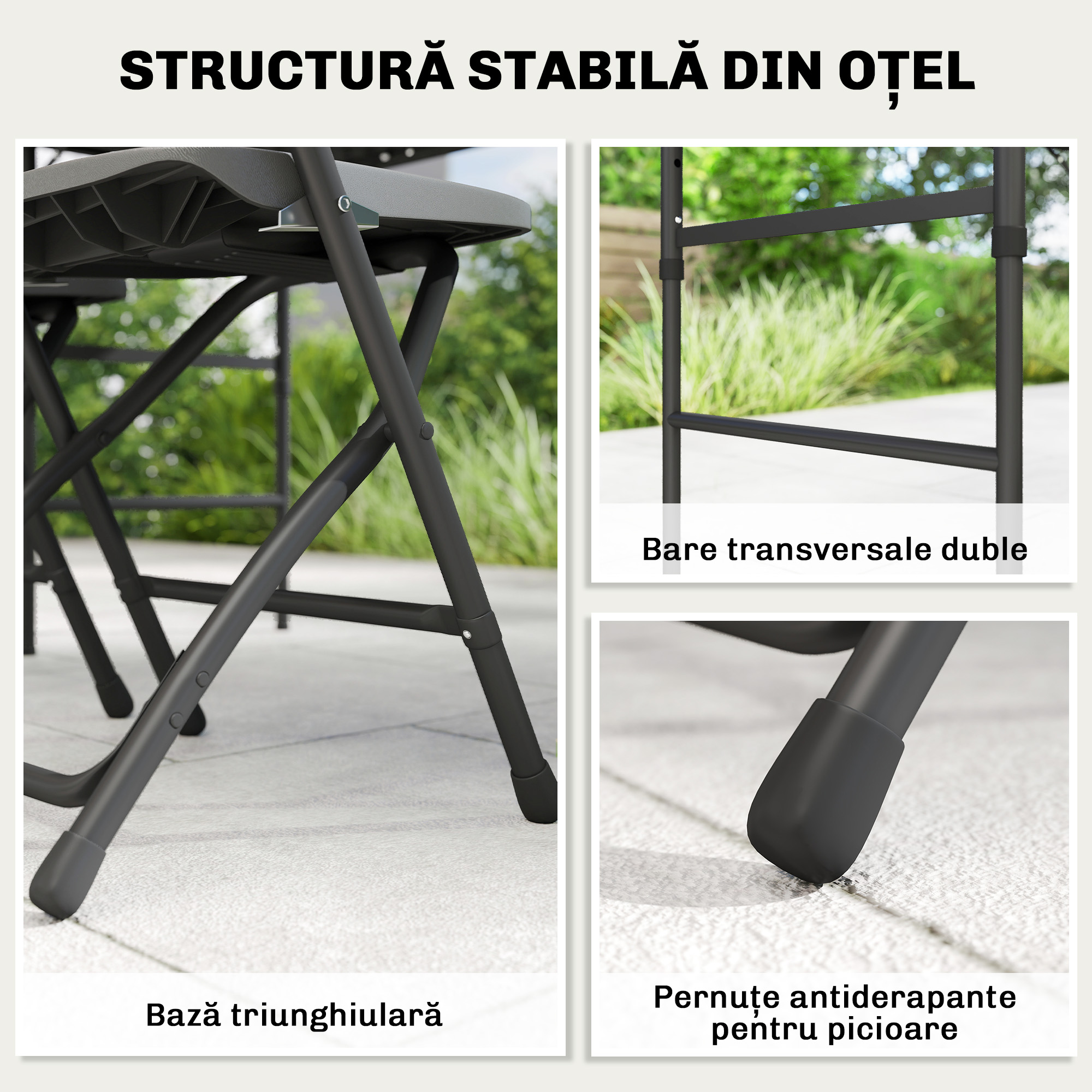  Set Masa si Scaune Pliabile de Gradina, 5 Piese, Masa Reglabila cu Blat HDPE Efect Lemn si 4 Scaune, Set Mobilier Exterior pentru Terasa si Balcon, Gri inchis [7]