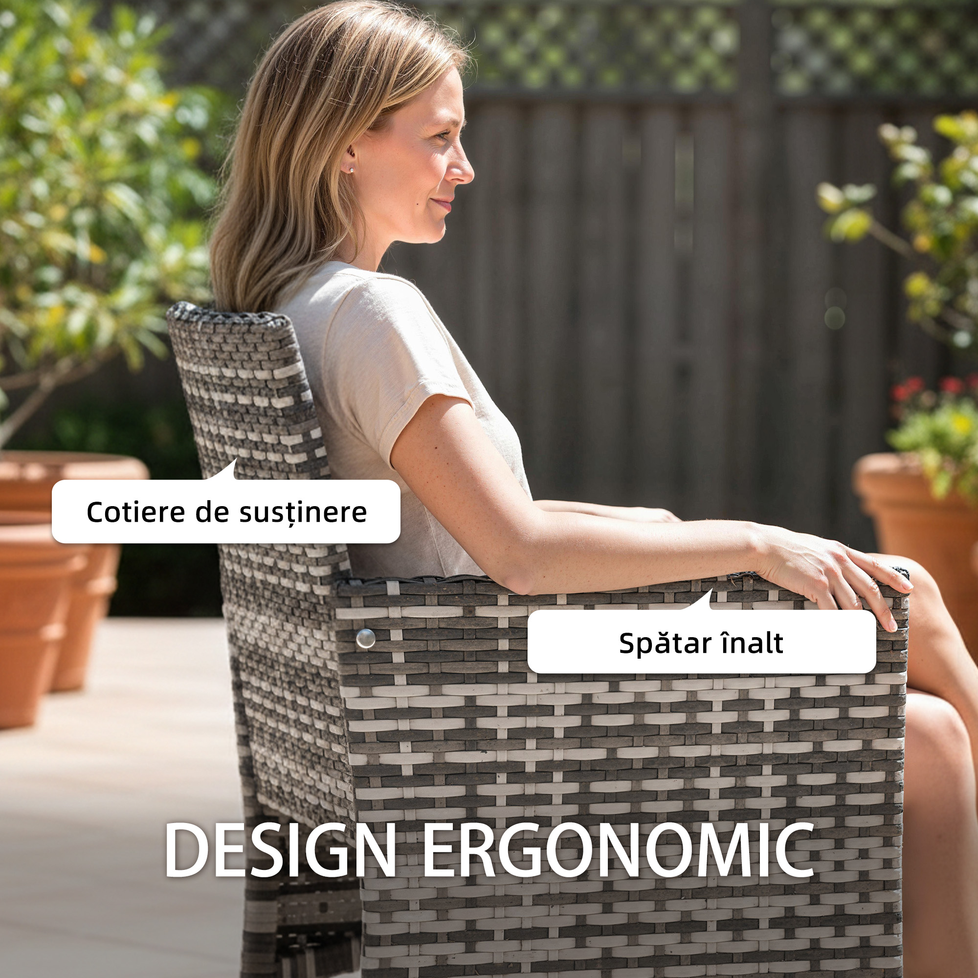  Set de 2 Scaune de Gradina din Ratan, Scaune de Exterior cu Perne, Cotiere si Spatar inalt, Cadru din Otel pentru Veranda, Balcon, Langa Piscina si Gradina, Gri [4]