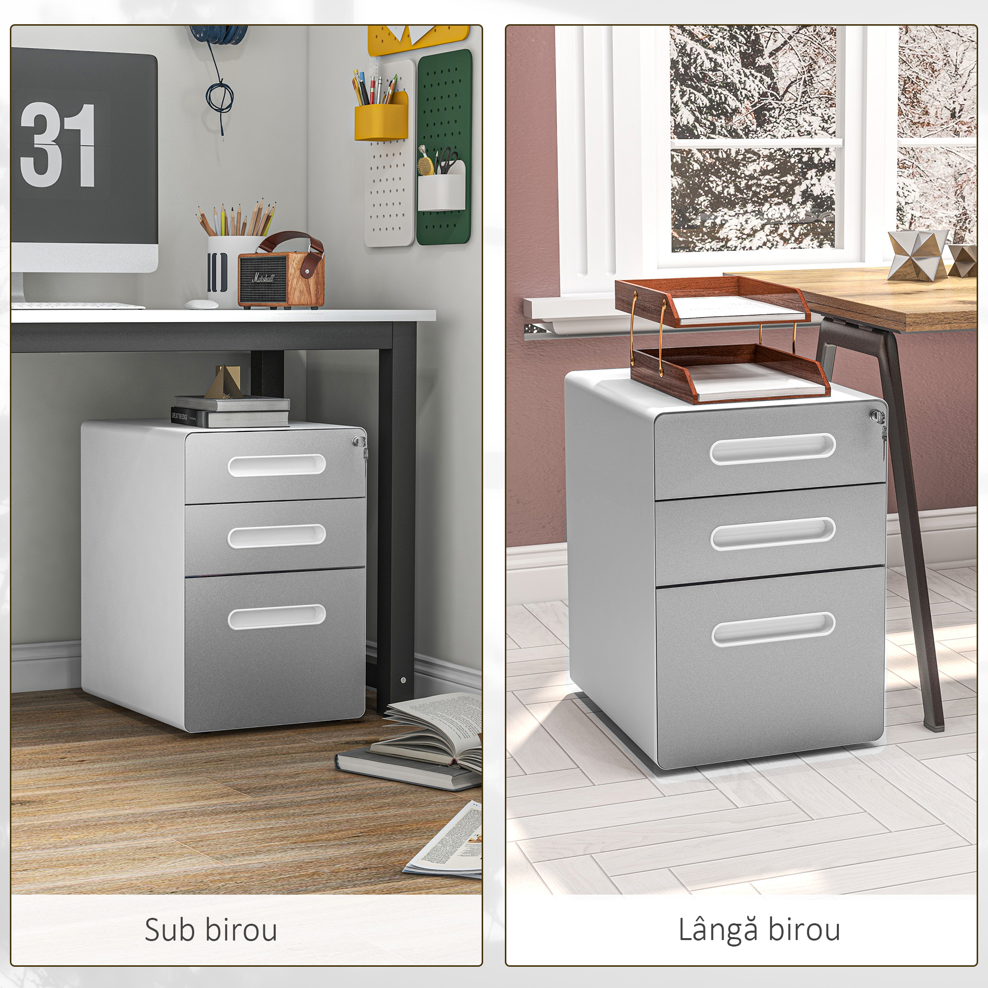  Comoda de Birou cu 3 Sertare cu incuietoare si Rotile pentru Documente, 39x48x59 cm, Gri Deschis [6]