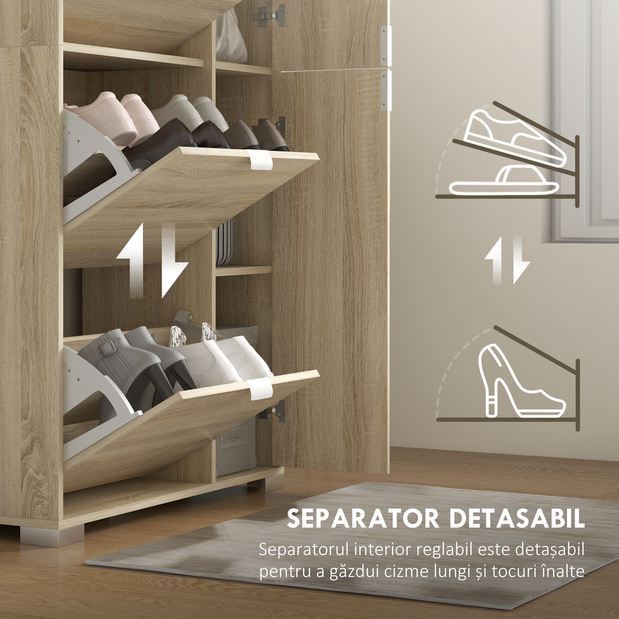  Etajera pentru Pantofi cu Oglinda, 4 Sertare Rabatabile si 2 Dulapuri, 82x30x168 cm, Culoare Stejar [6]