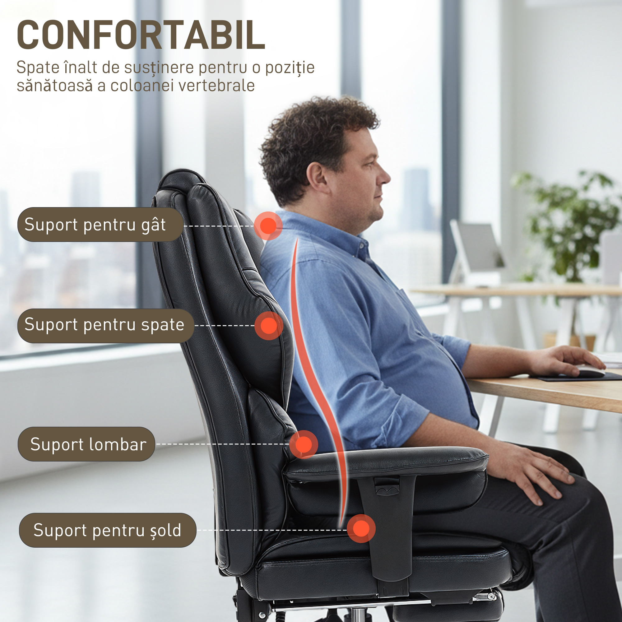 , Scaun de Birou, cu Suport pentru Picioare si Tetiera, din Piele PU, Spuma si Metal, 76x73x117-125 cm, Negru [4]