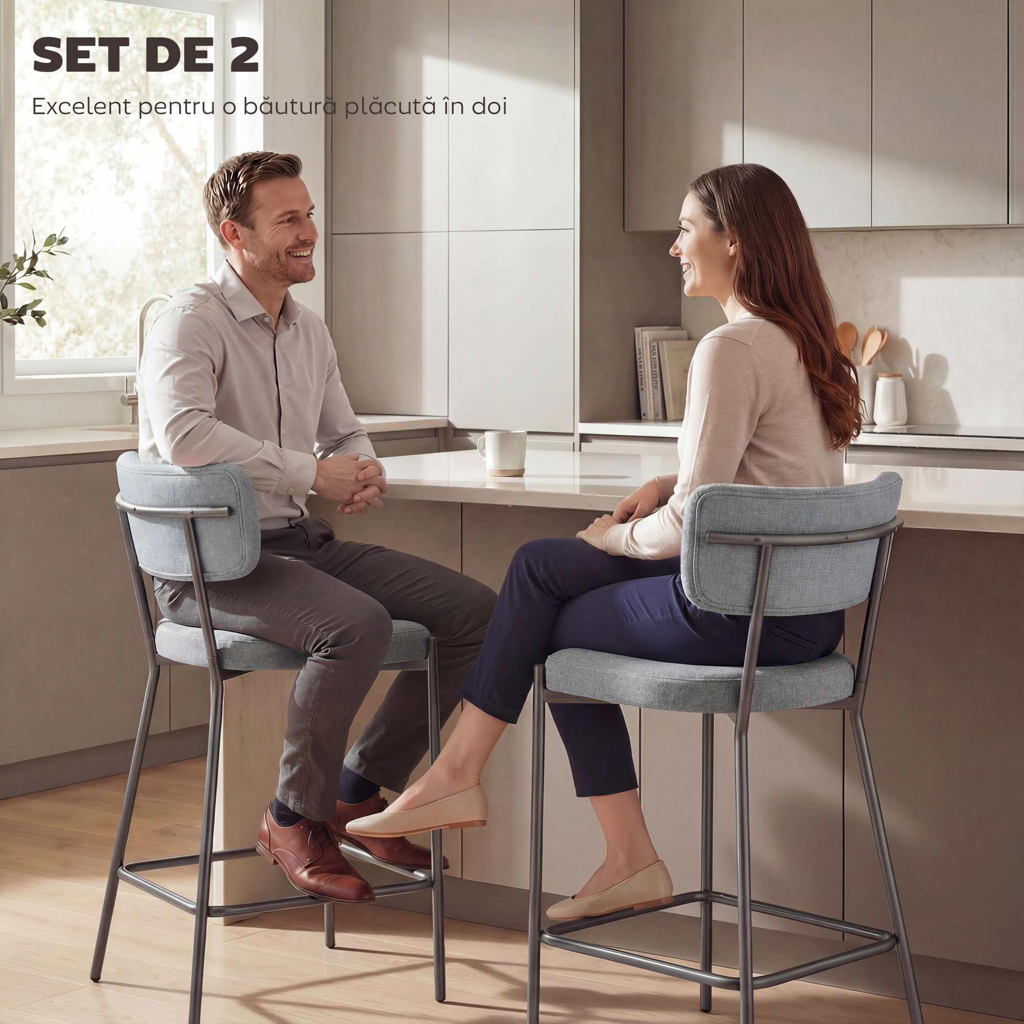  Set de 2 Scaune de Bar cu Spatar si Tapitate, Scaune inalte din material textil cu suport pentru picioare integrat si structura din metal usor de montat, Scaune pentru bucatarie si living, Gri deschi [3]
