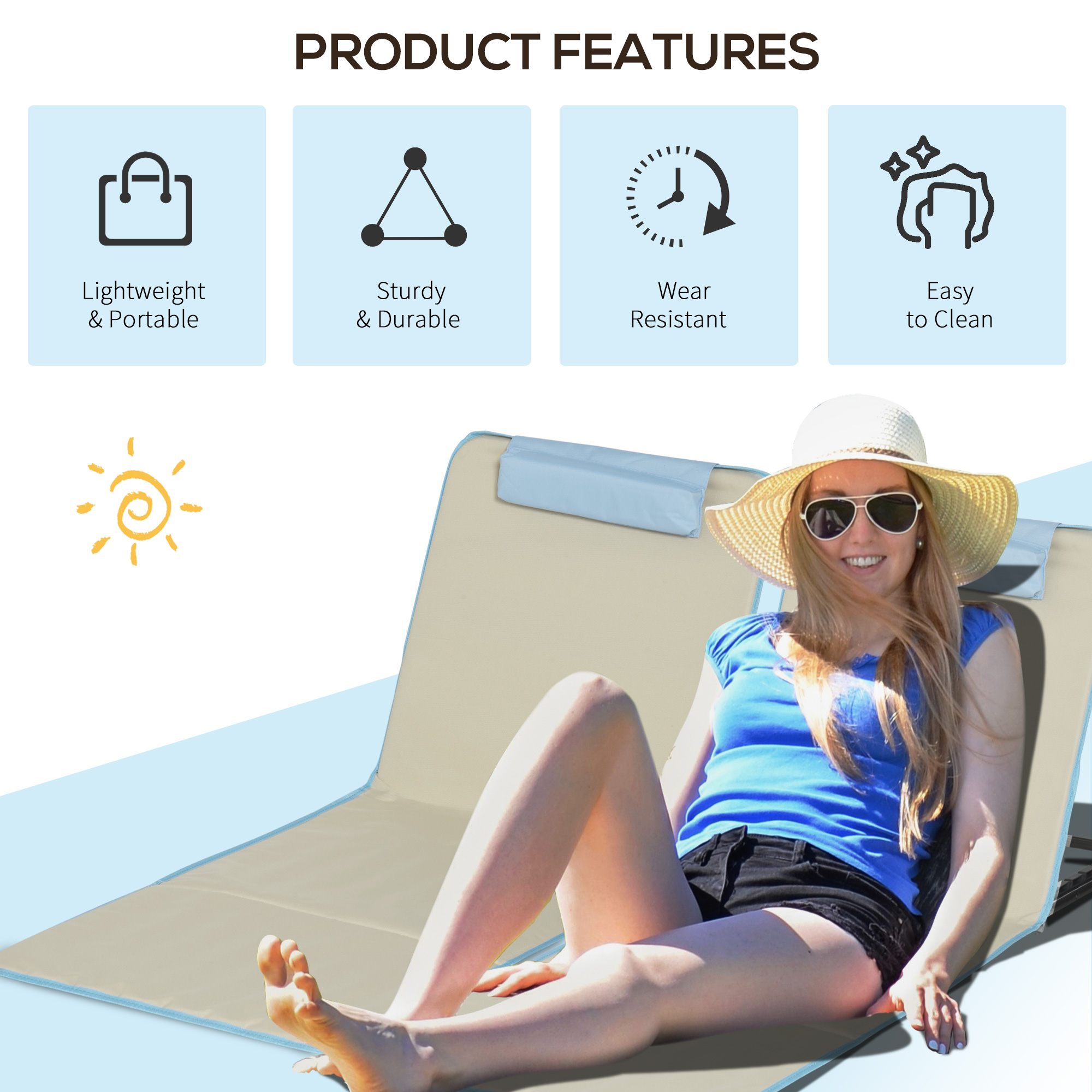  Set 2 sezlonguri cu Spatar Reglabil pe 5 Niveluri, Tetiera si Geanta de Transport, 124x53x35-45 cm, Bej [6]