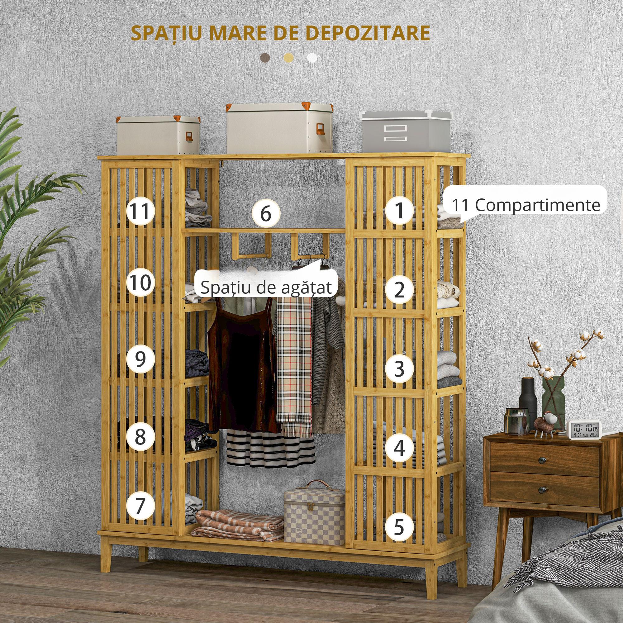  Dulap Deschis din Bambus cu 2 Usi Glisante, Rafturi Deschise si Bara pentru Umerase, 145x35x165cm [5]