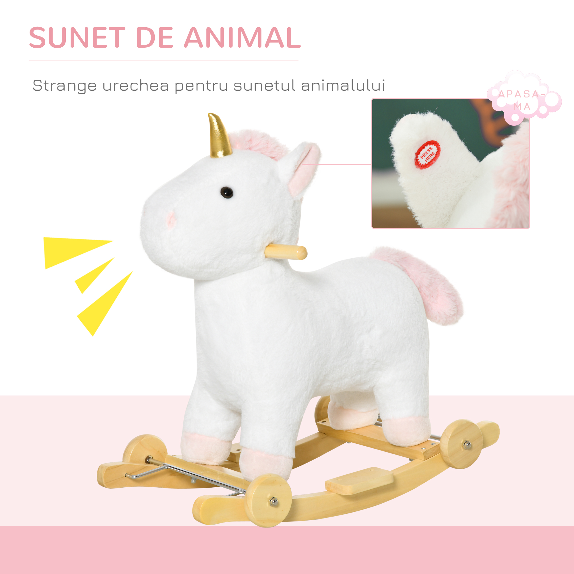  Cal tip Balansoar 2 in 1 Unicorn cu Roti Sunete si Invelis de Plus, Alb [6]