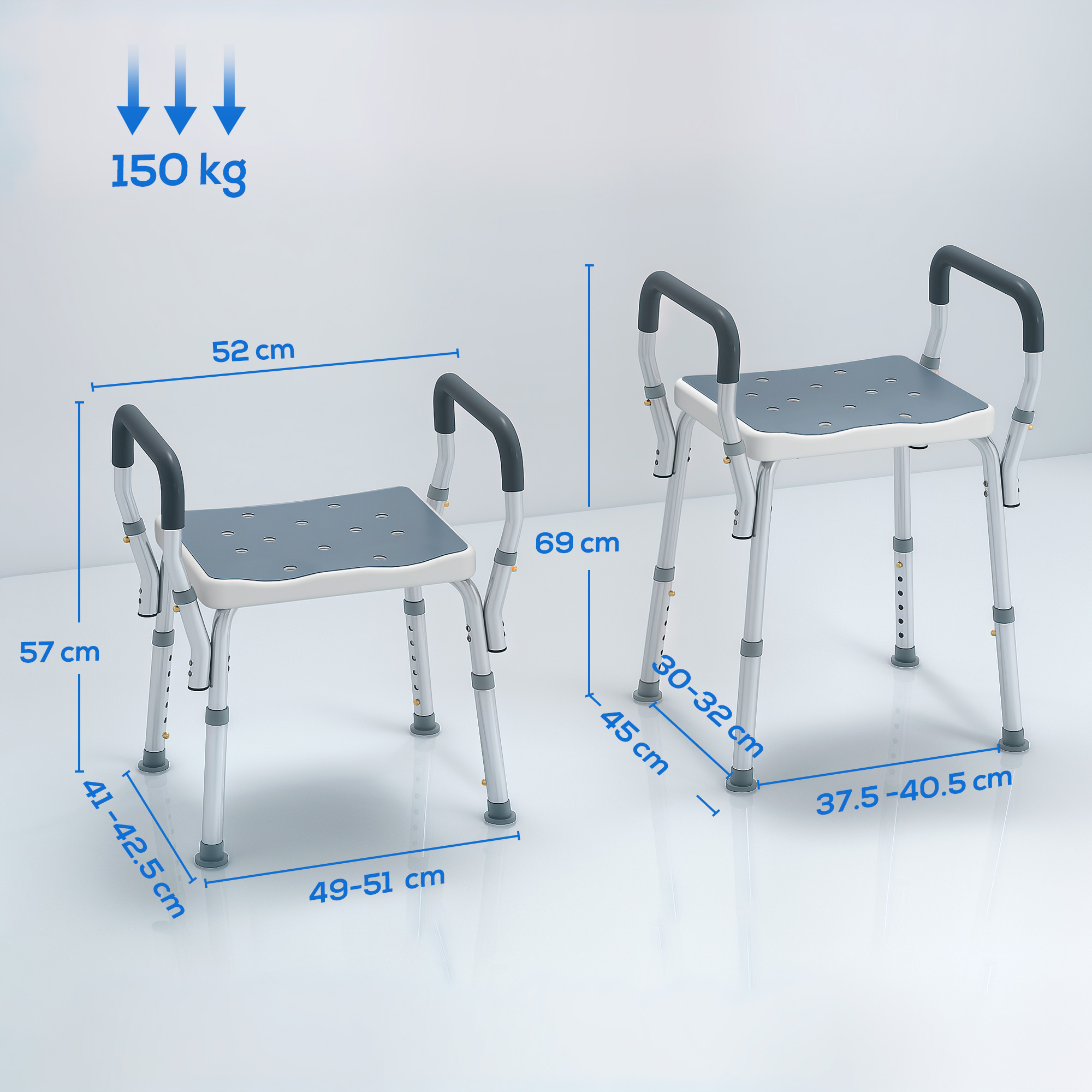  Taburet pentru Dus Reglabil cu Brate si Orificii de Drenaj, din Aluminiu, HDPE si EVA, 52x45x57-69 cm [2]