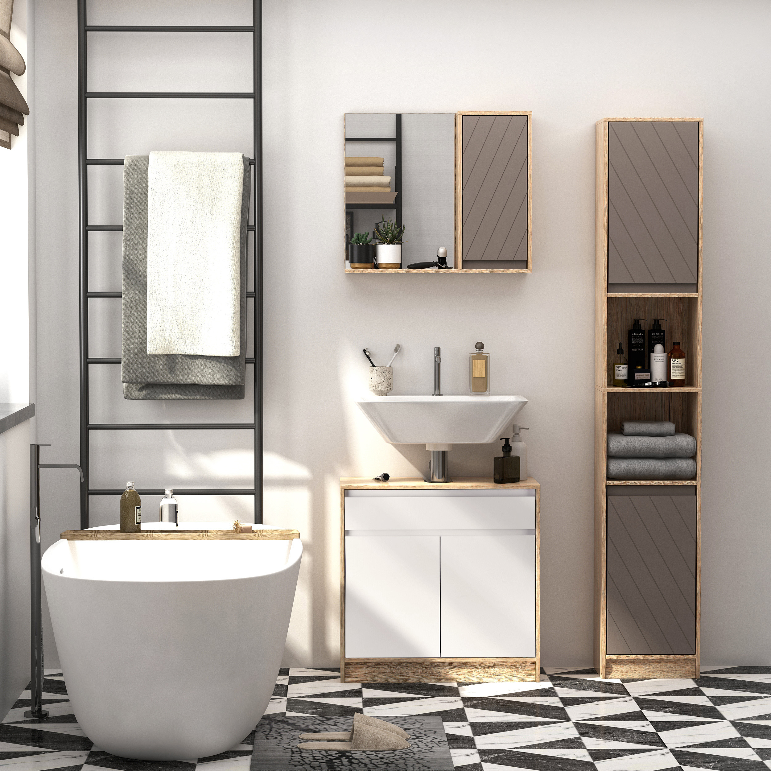  Dulap Baie Space Saver - Gri & Stejar, Cu 6 Rafturi & Dulapioare [1]