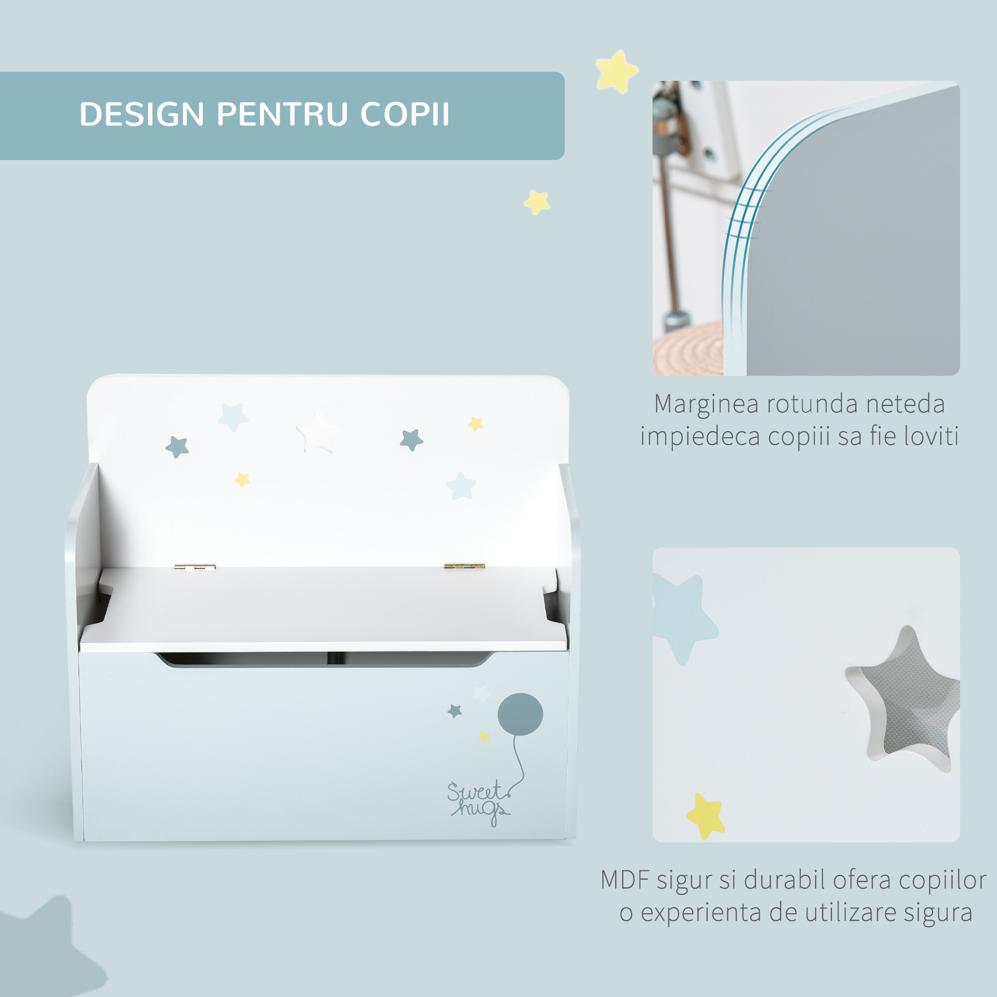  Banca de Depozitare Portabila pentru Jucarii 2 in 1, Lada cu Spatar pentru Copii de 3-6 Ani, 60x30x50 cm, Albastru [3]