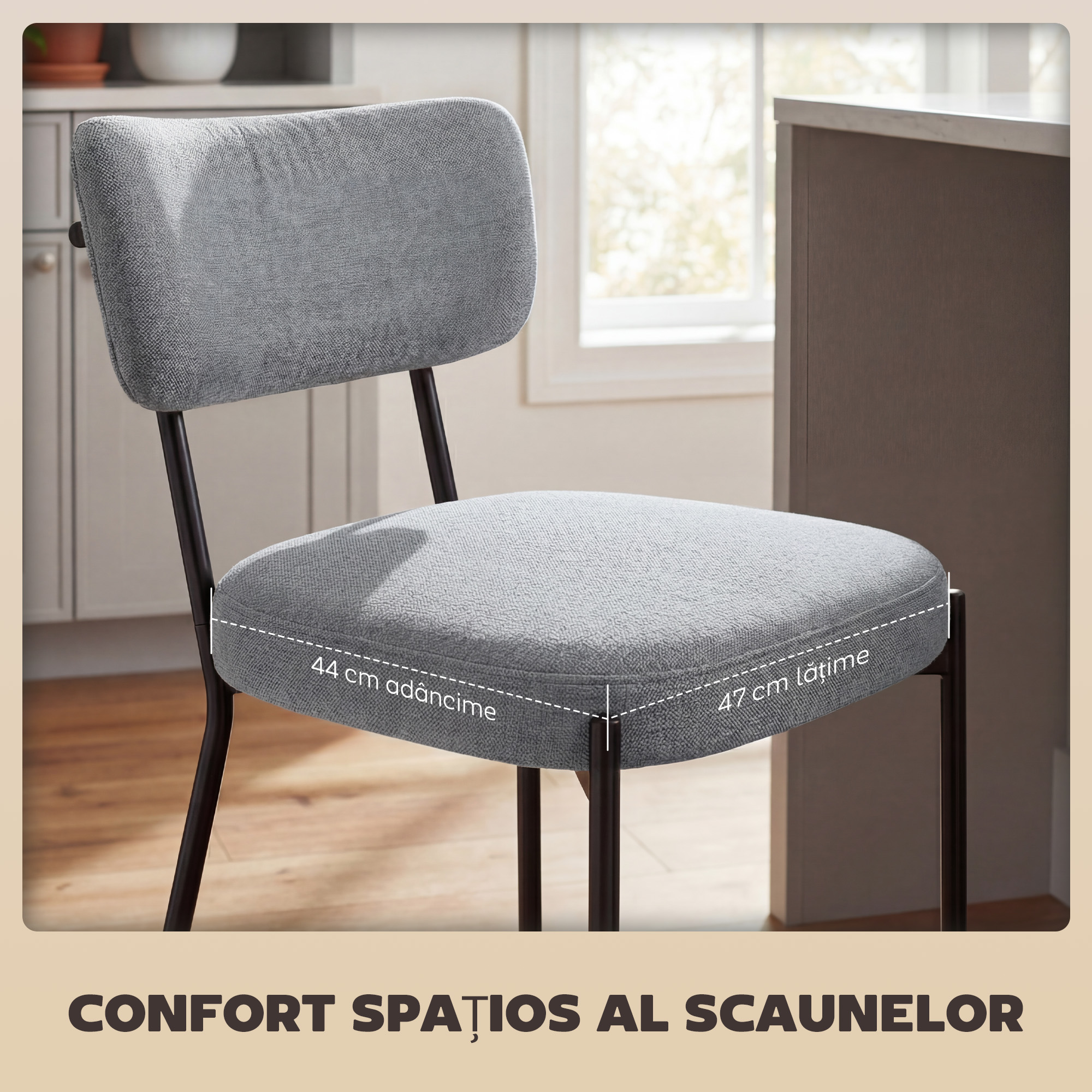  Set de 2 Scaune de Bar cu Spatar si Tapitate, Scaune inalte din material textil cu suport pentru picioare integrat si structura din metal usor de montat, Scaune pentru bucatarie si living, Gri deschi [5]