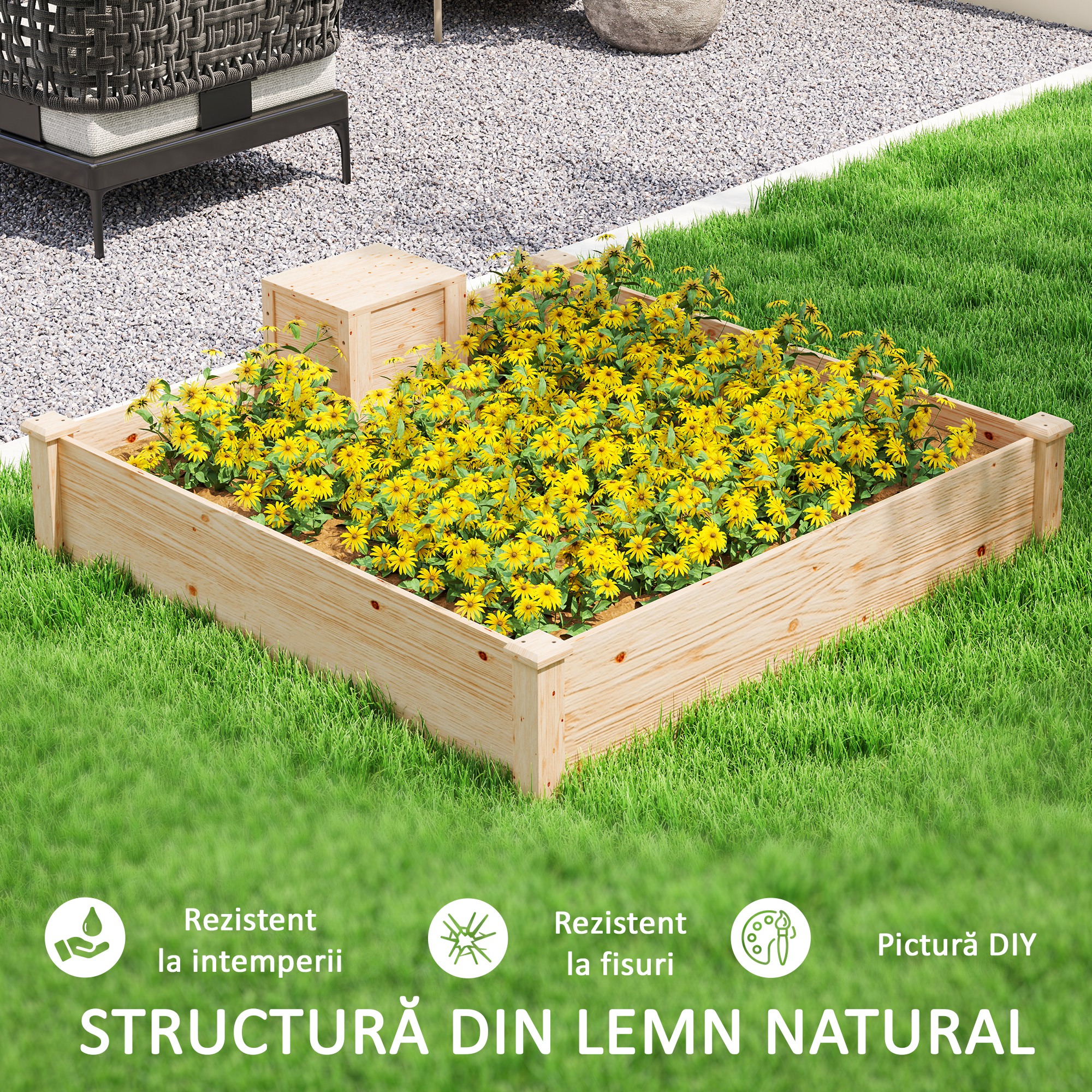  Jardiniera de Exterior cu Compostor si Baza Deschisa din Lemn de Brad, 123x123x25,5 cm, Lemn Natural [6]