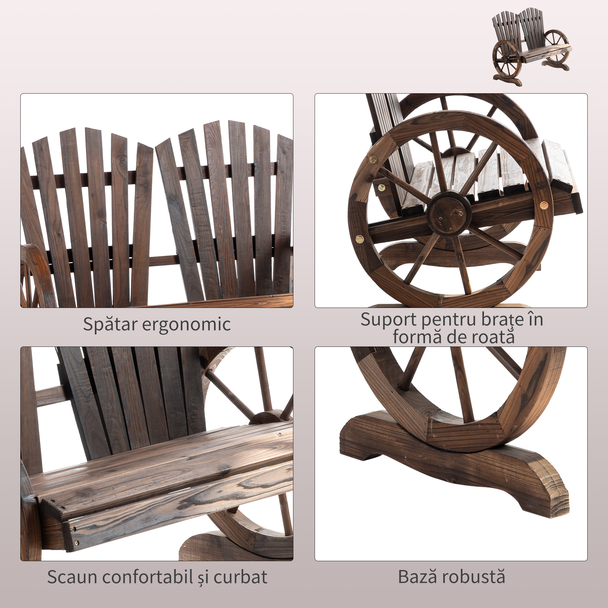  Banca de Gradina din Lemn Stil Rustic cu Brate in Forma de Roata, 108x66x95cm, Culoare Lemn [3]