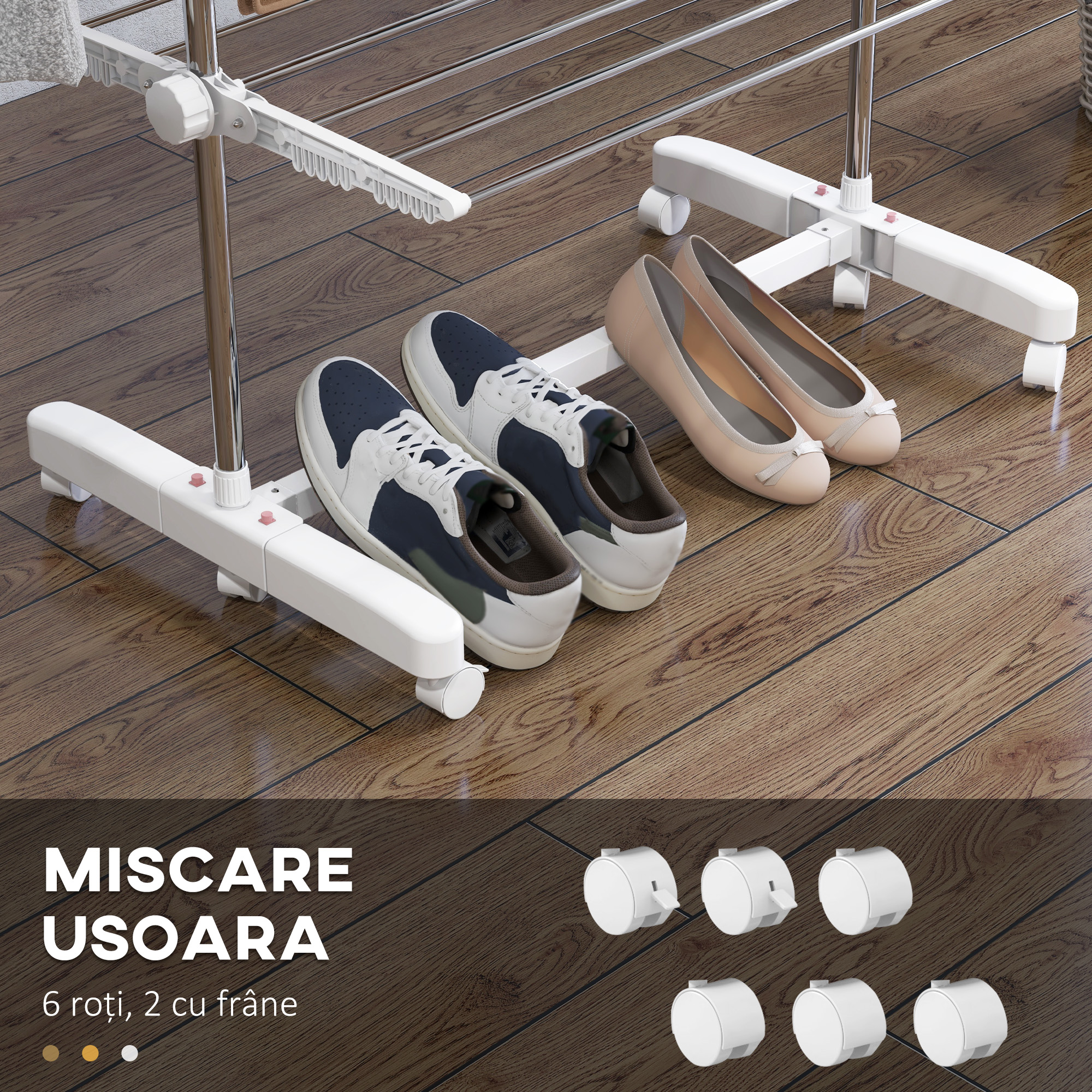  Uscator de Rufe Vertical Pliabil cu 6 Roti, Carlige si 4 Rafturi Reglabile, 142x55x172 cm, Alb [7]