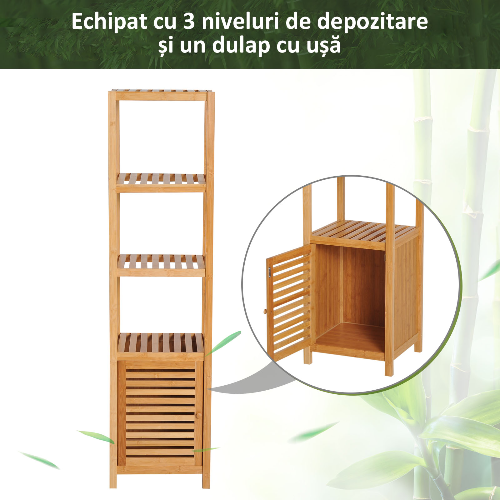  Dulap Coloana pentru Baie din Bambus cu 4 Rafturi si Dulap 36x33x140cm [5]