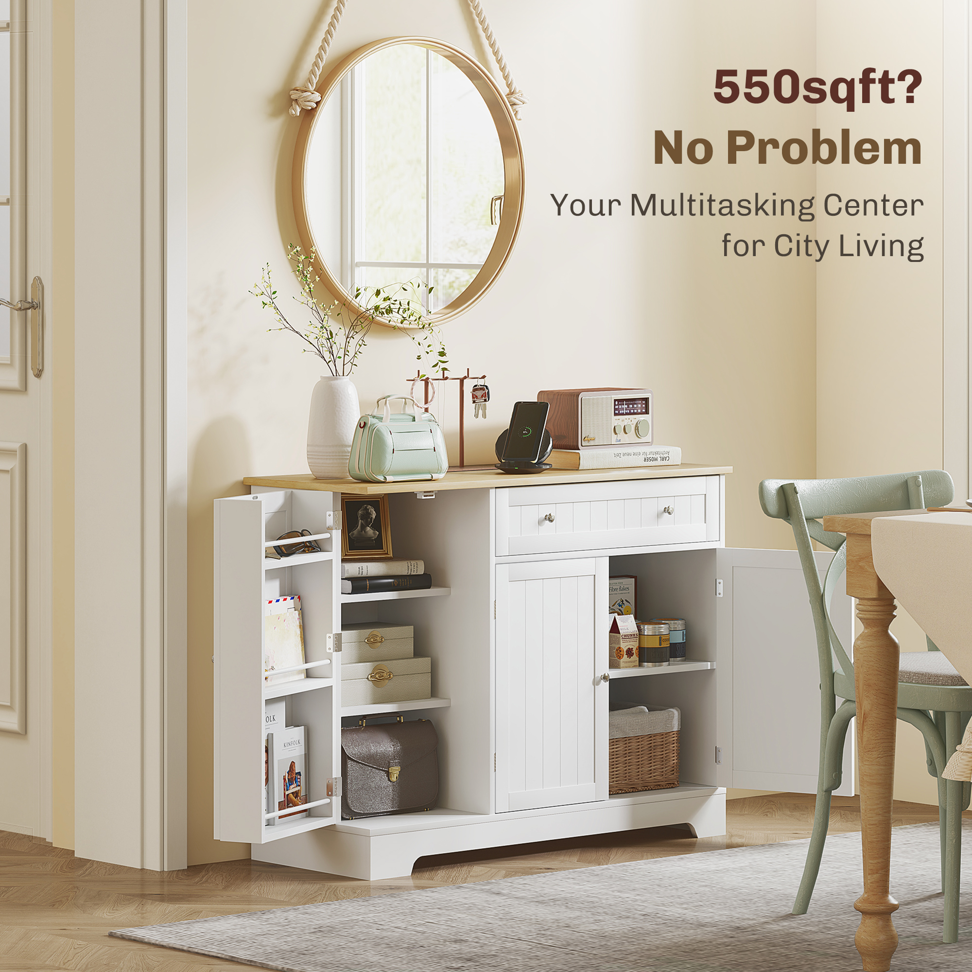  Bufet Modern cu spatiu de depozitare, dulap cu sertar, rafturi reglabile, mic dulap de bucatarie cu rafturi, alb [4]