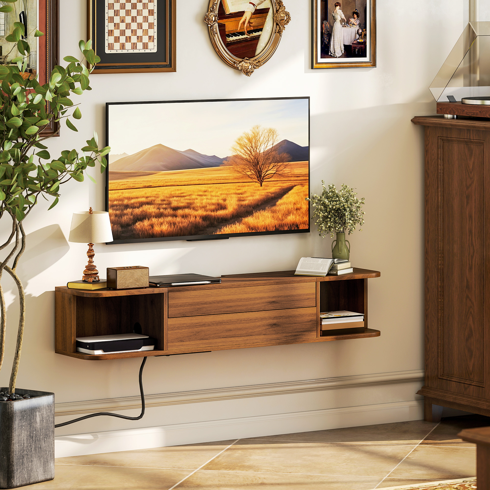  Suport TV suspendat pana la 50" cu prize de curent, USB si tip C, sertar si rafturi, 120x24x22.4 cm, Nuc [7]