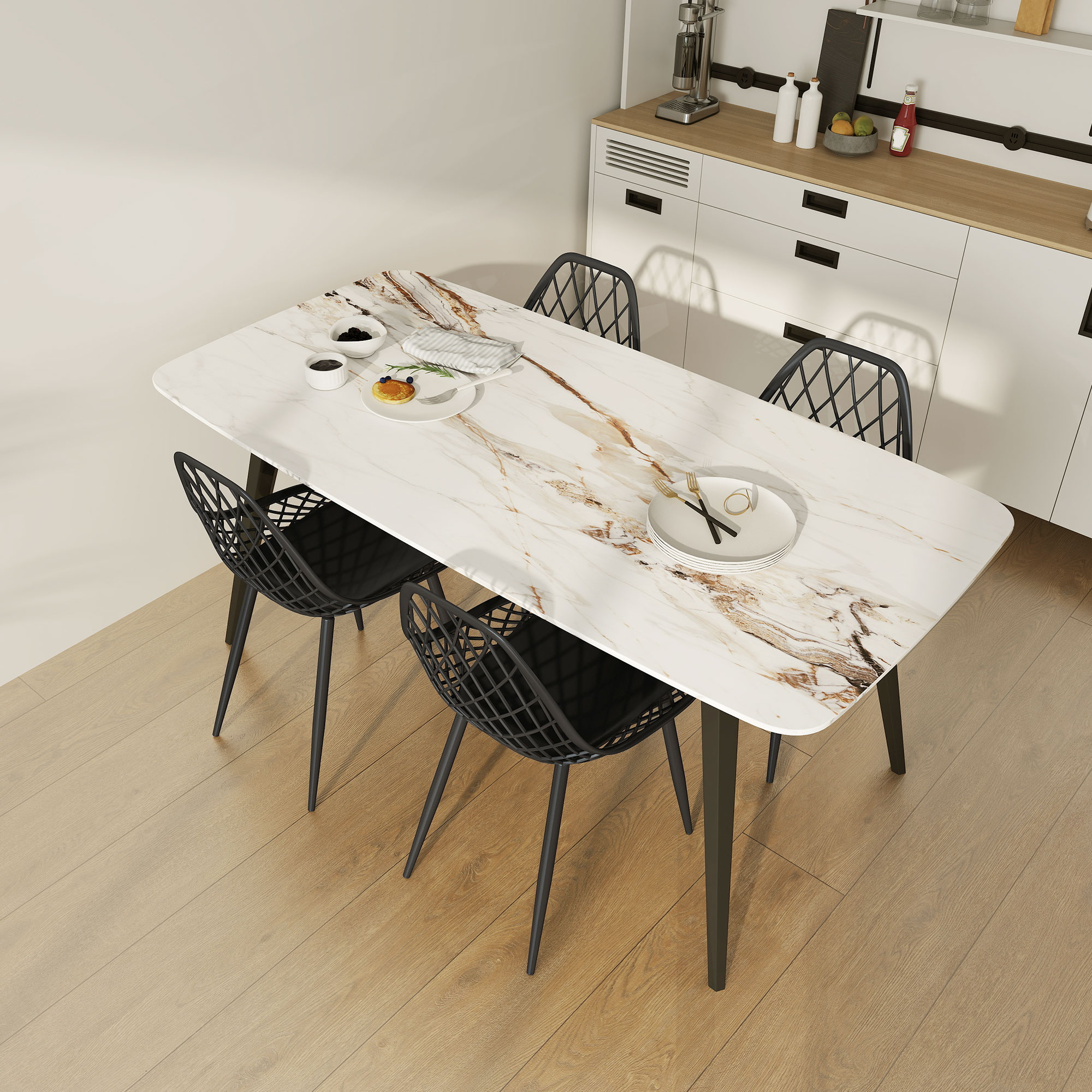  Set 4 Scaune Moderne cu Spatar Perforat Plastic si Metal Negru [5]