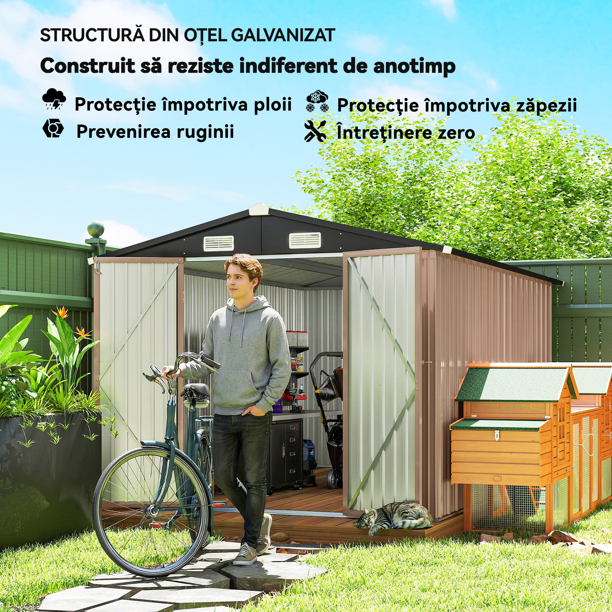  Magazin din Metal 305 x 245 cm, Depozit de Gradina Robust cu 4 Guri de Aerisire si Usi Duble cu incuietoare, Maro [3]