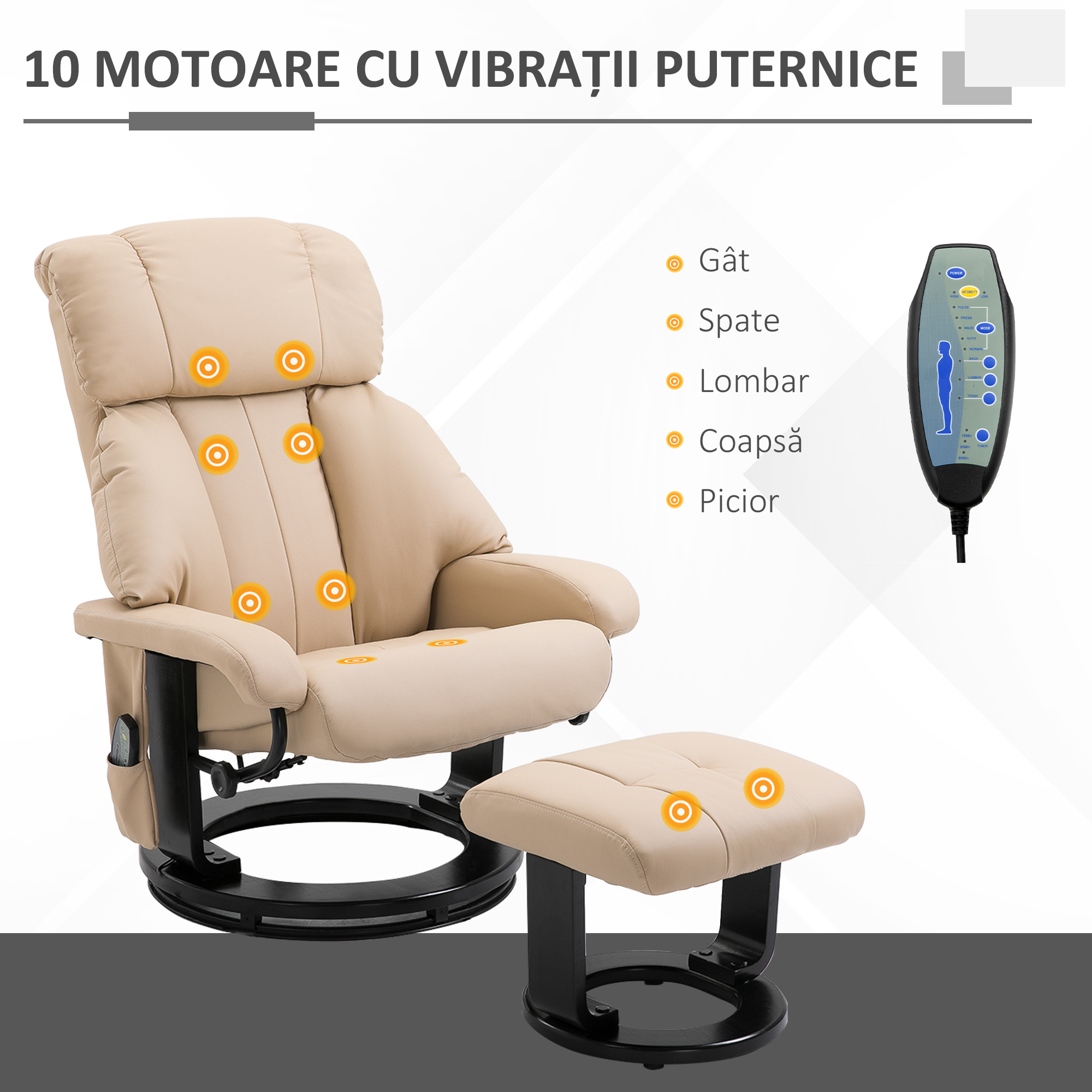  Fotoliu Relax Reclinabil si de Masaj cu Suport pentru Picioare si Telecomanda, 76x80x102 cm Crem [3]