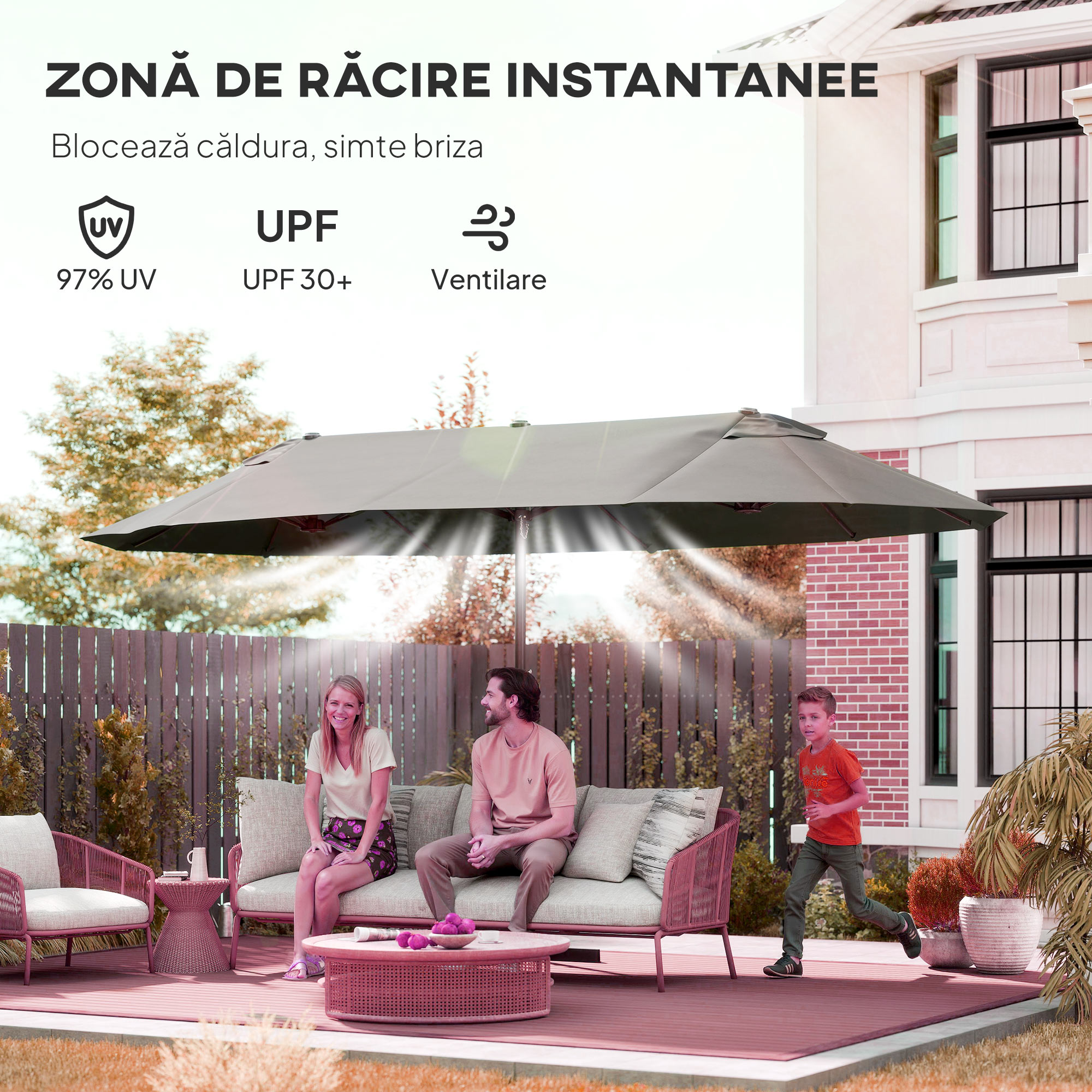  Umbrela Dubla cu 12 Spite, Baza in Cruce si Manivela, din Otel si Poliester, 455x265x238 cm, Gri [4]