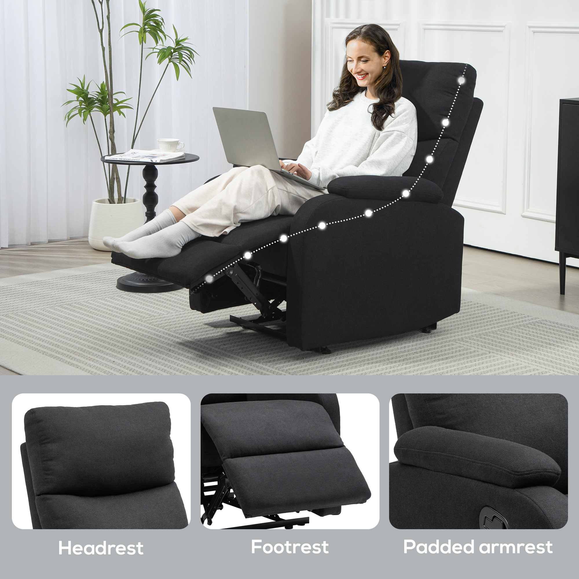  Fotoliu Recliner din In cu Suport Reglabil pentru Picioare, 69x91,5x103 cm, Negru [7]