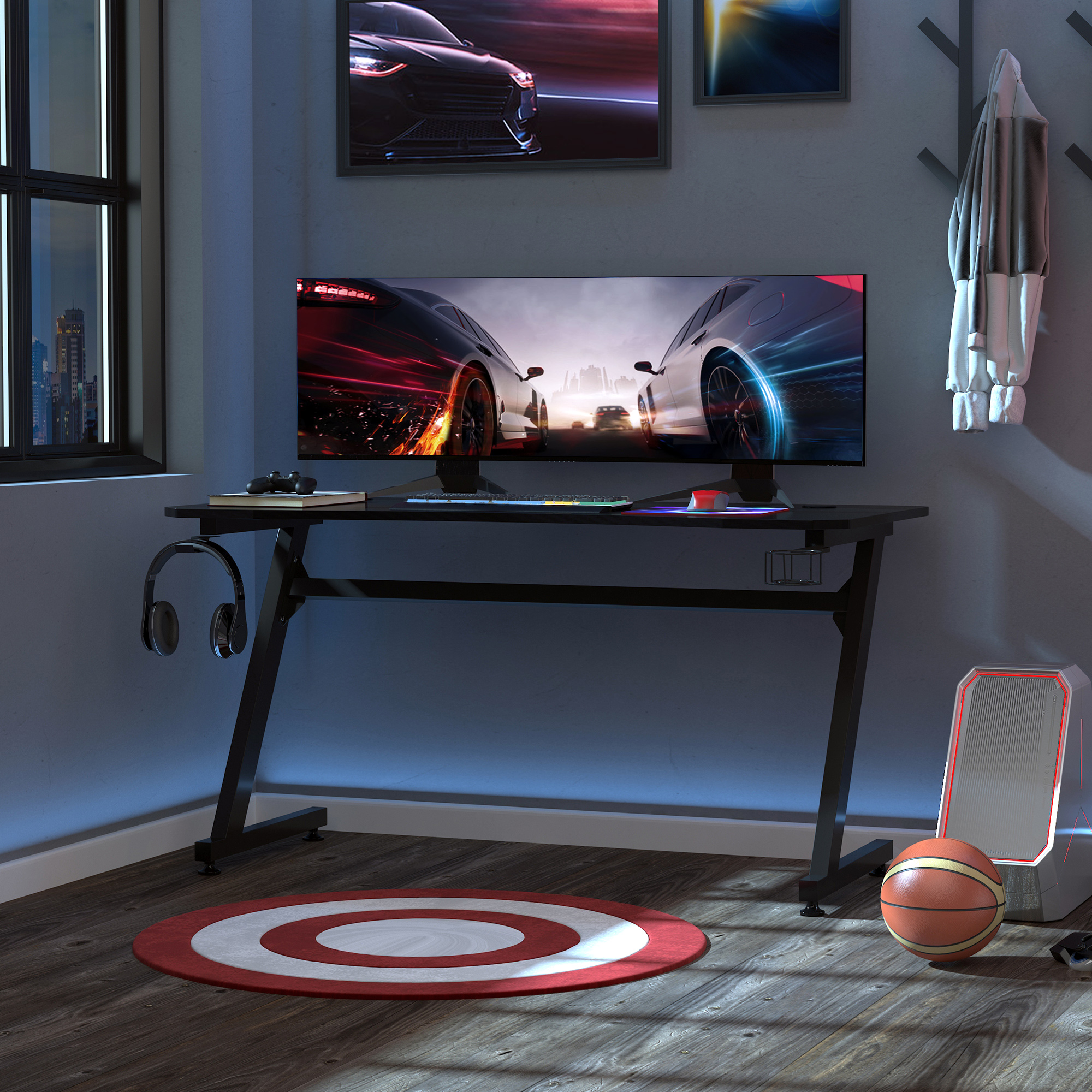  Gaming Desk, Masa Gaming cu Management Cabluri, Suport Pahare si Carlig pentru Casti, Negru, 120×65×74,5 cm [1]