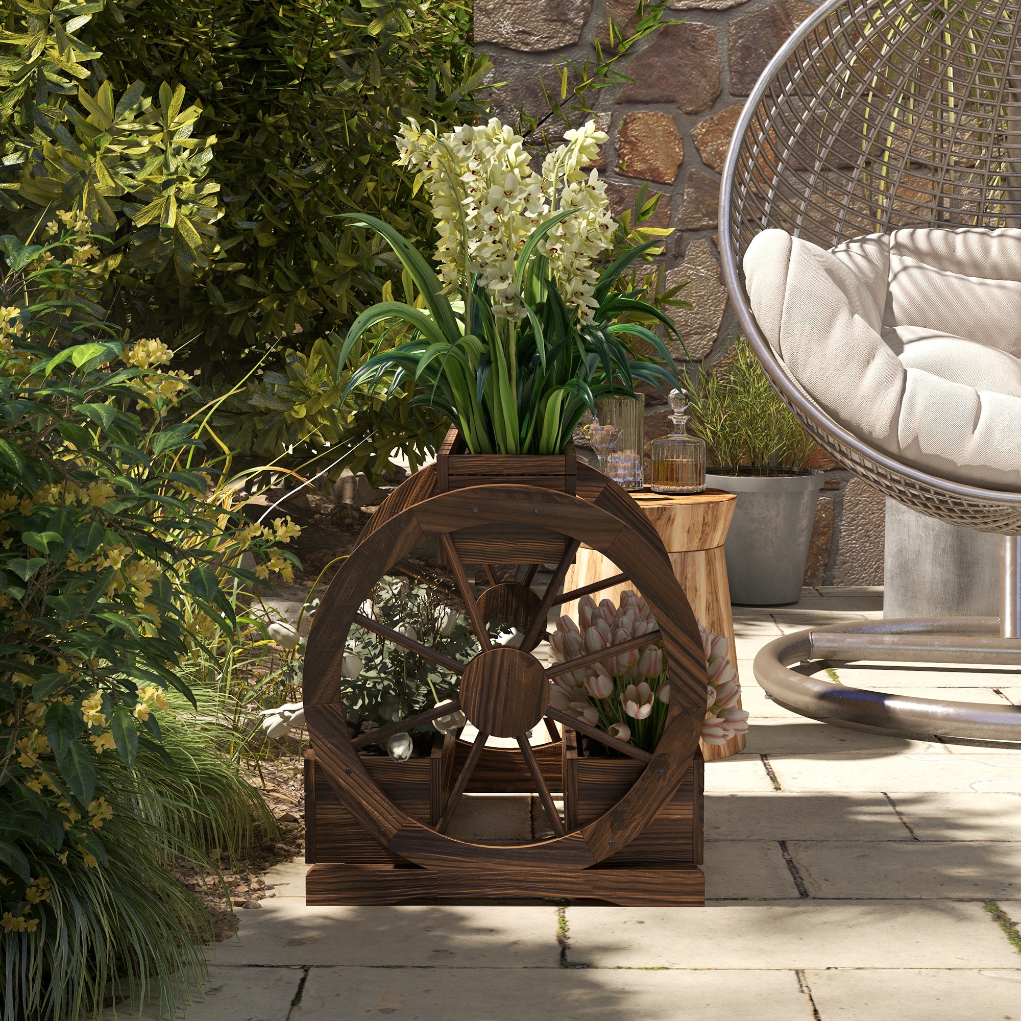  Jardiniera in Lemn pentru Exterior pe 2 Nivele cu 3 Ghivece si Roti de Caruta in Stil Rustic, 64x54x60 cm [7]