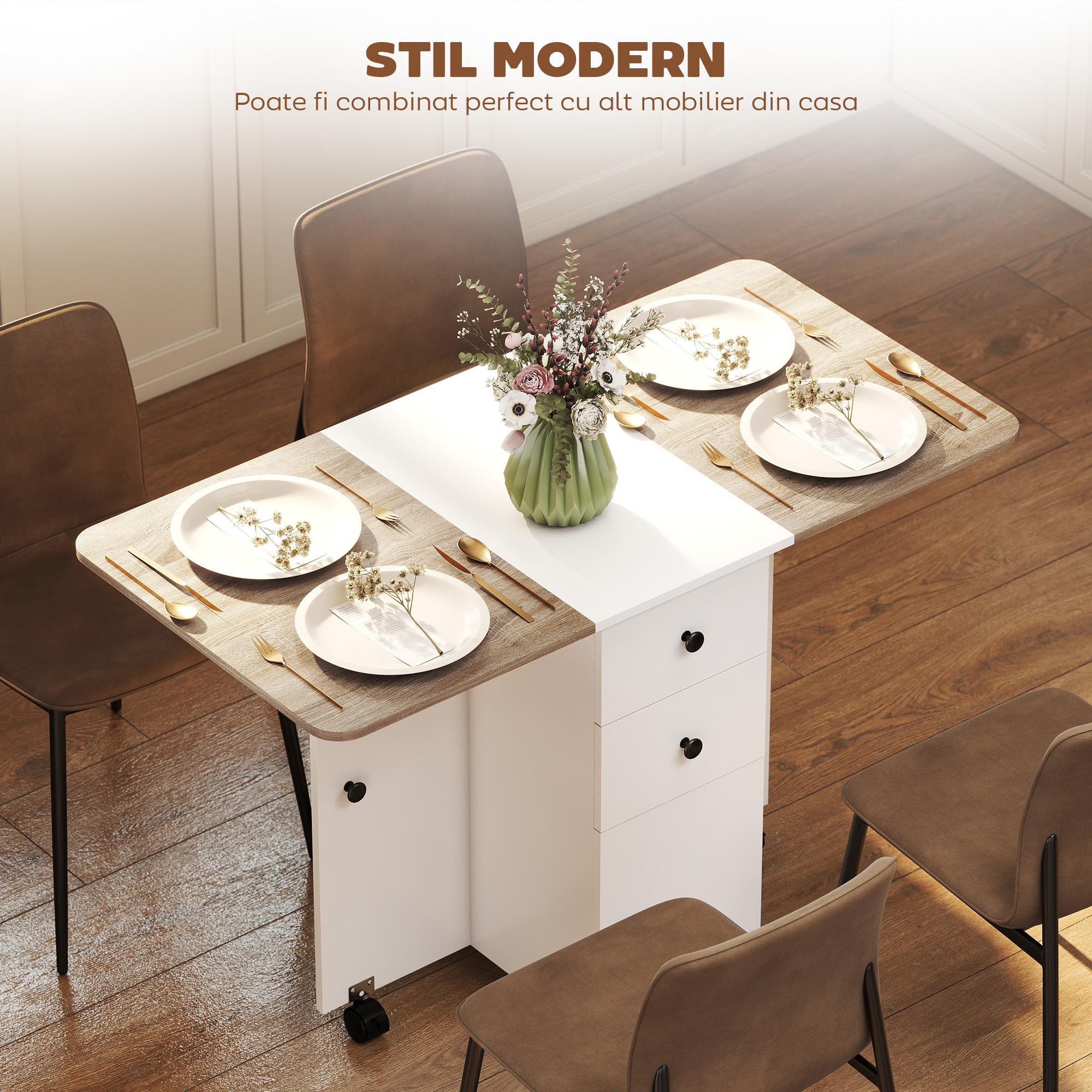  Masa pliabila cu 2 sertare si dulap, 6 roti si frane, 120x60x76.5 cm, alb si stejar [3]