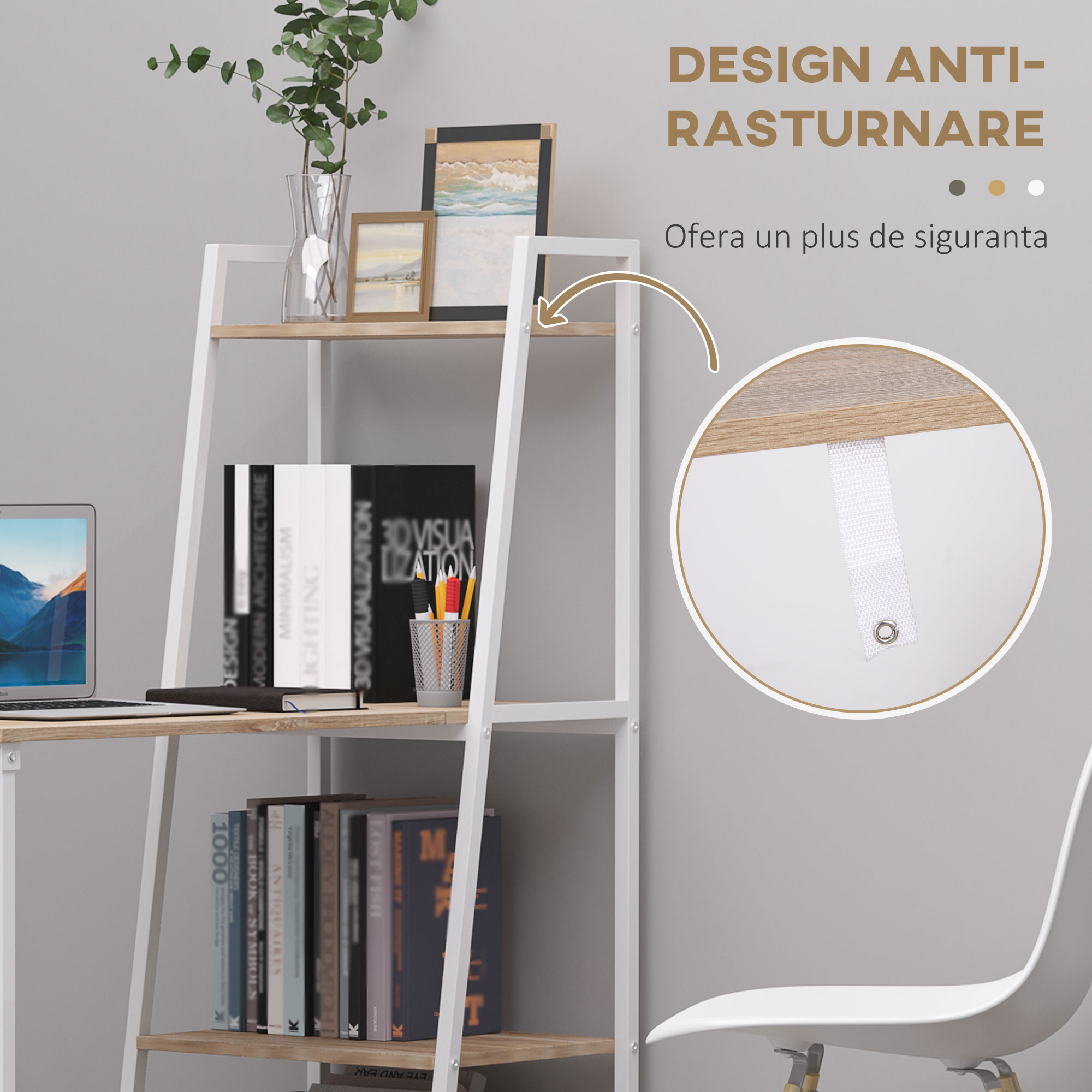  Birou Biblioteca 4 Rafturi Blat Mare Pliabil Lemn Metal Alb Stejar [6]