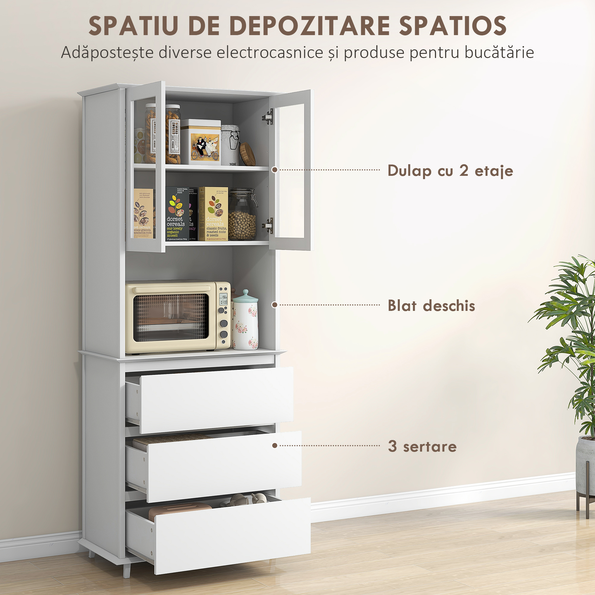  Dulap de Bucatarie inalt cu Dulap Superior pe 2 Niveluri si 3 Sertare, din MDF, 68x38x172 cm, Alb [3]