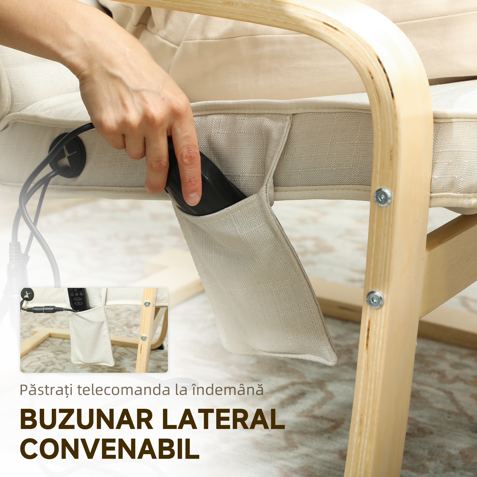  Fotoliu pentru living cu incalzire si suport pentru picioare reglabil Crem Lemn [7]