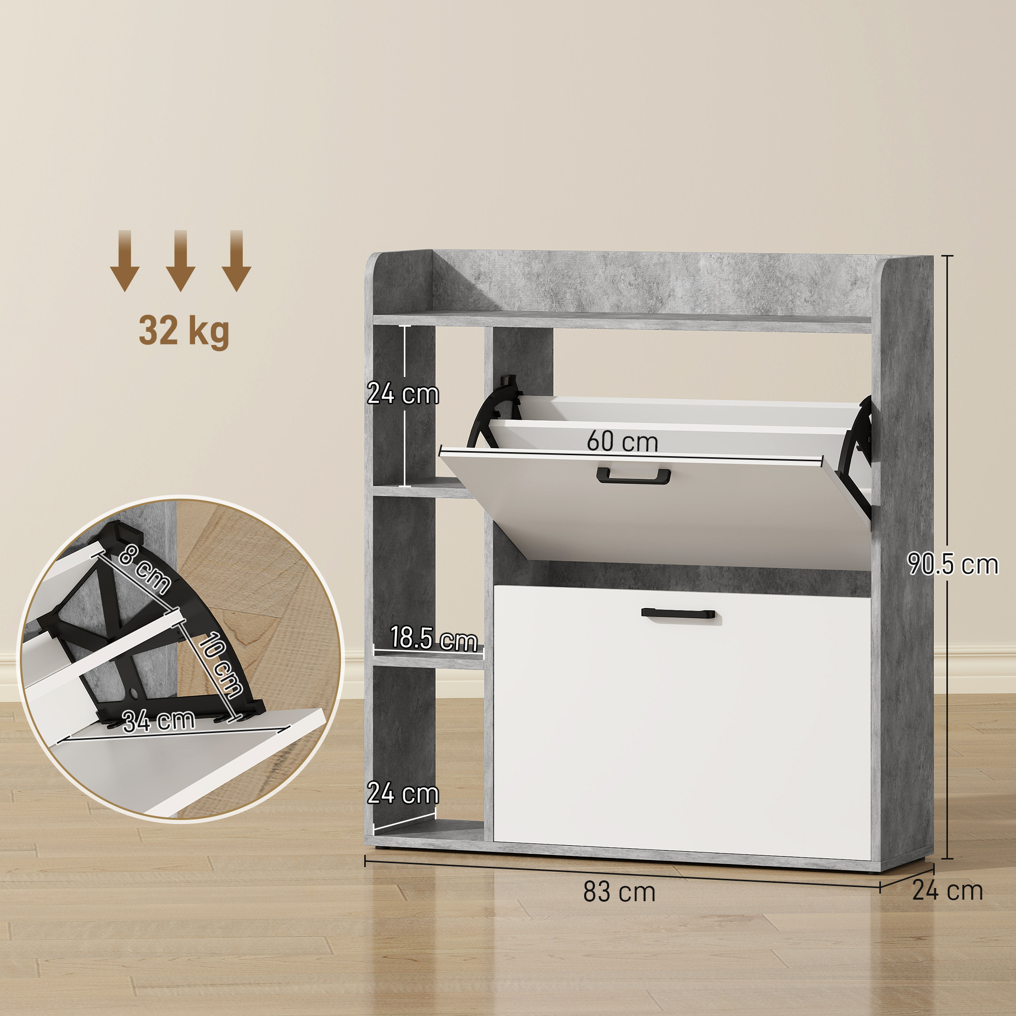  Dulap pentru pantofi slim cu 2 sertare rabatabile, Capacitate 15 perechi de pantofi, 83x24x90.5 cm, Gri [2]