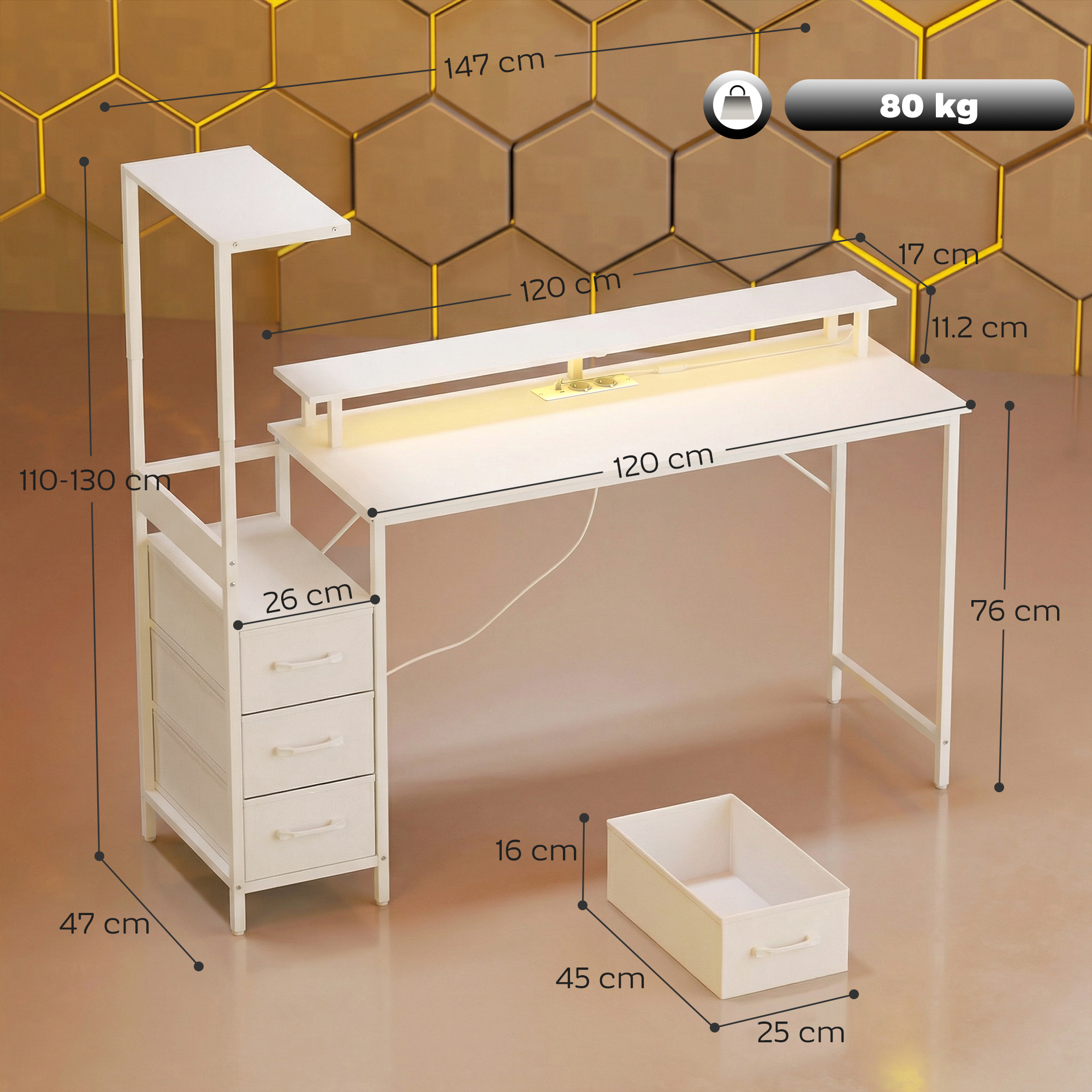  Birou Gaming cu Suport CPU Reglabil Reversibil si LED, 147x47 cm, Statie de incarcare, Suport Monitor, 3 Sertare din Material Textil, pentru Acasa, Birou sau Studio, Alb [2]