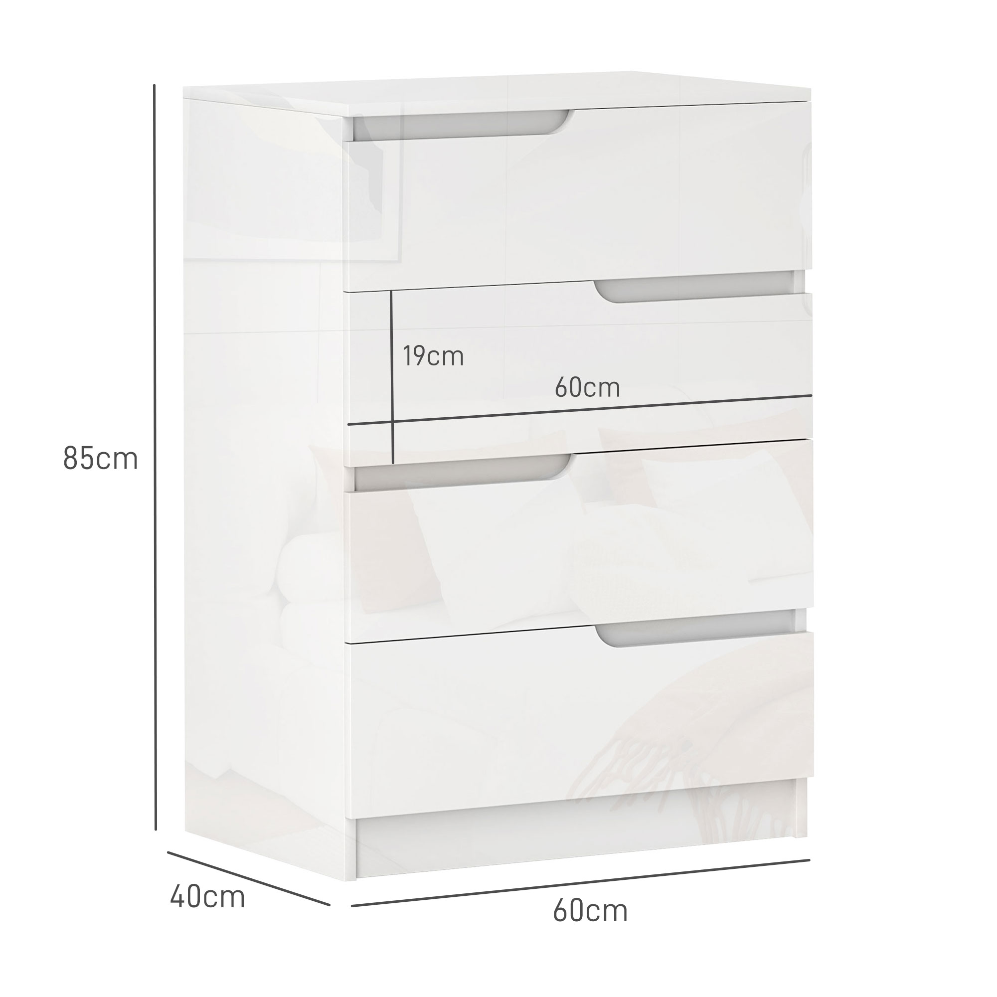  Comoda cu 4 Sertare Moderna si Minimalista, Comoda din Pal Melaminat, 60x40x85 cm, Alb Lucios [2]