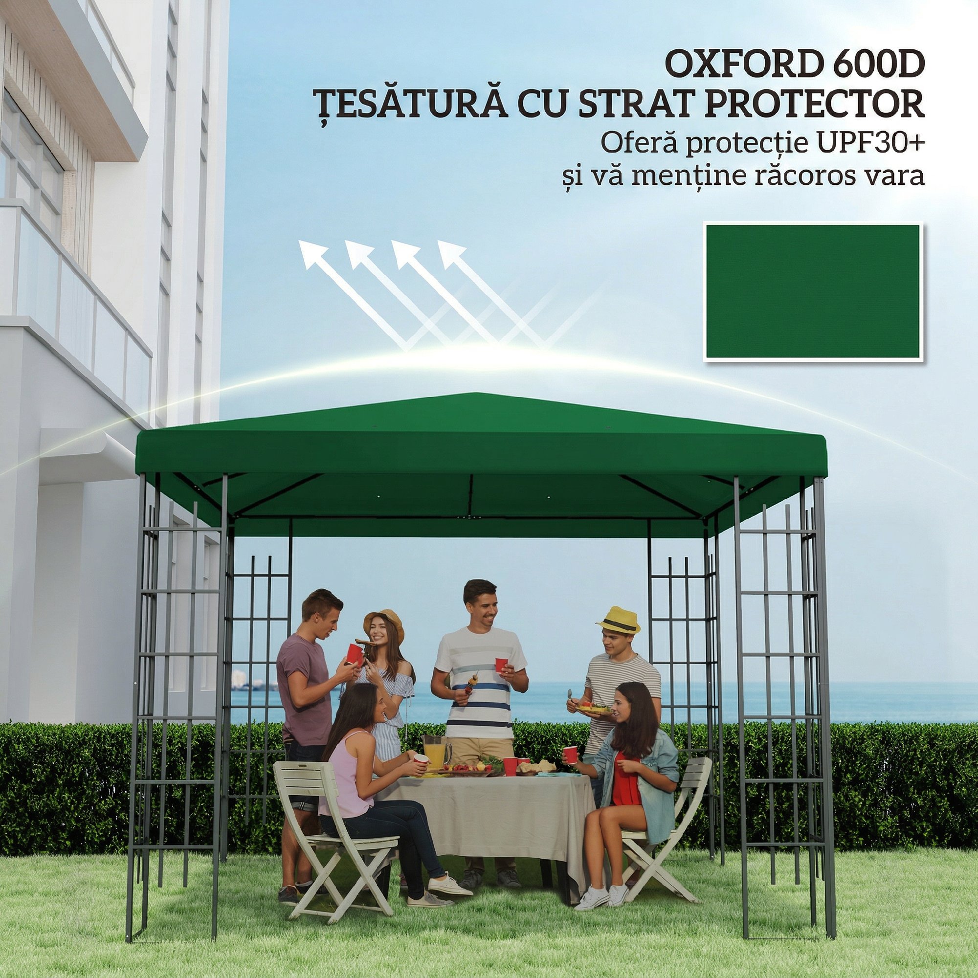  Acoperis pentru Foisor de Gradina 3x3 m din Material Textil Oxford 600D cu Orificii de Drenaj, Verde [5]