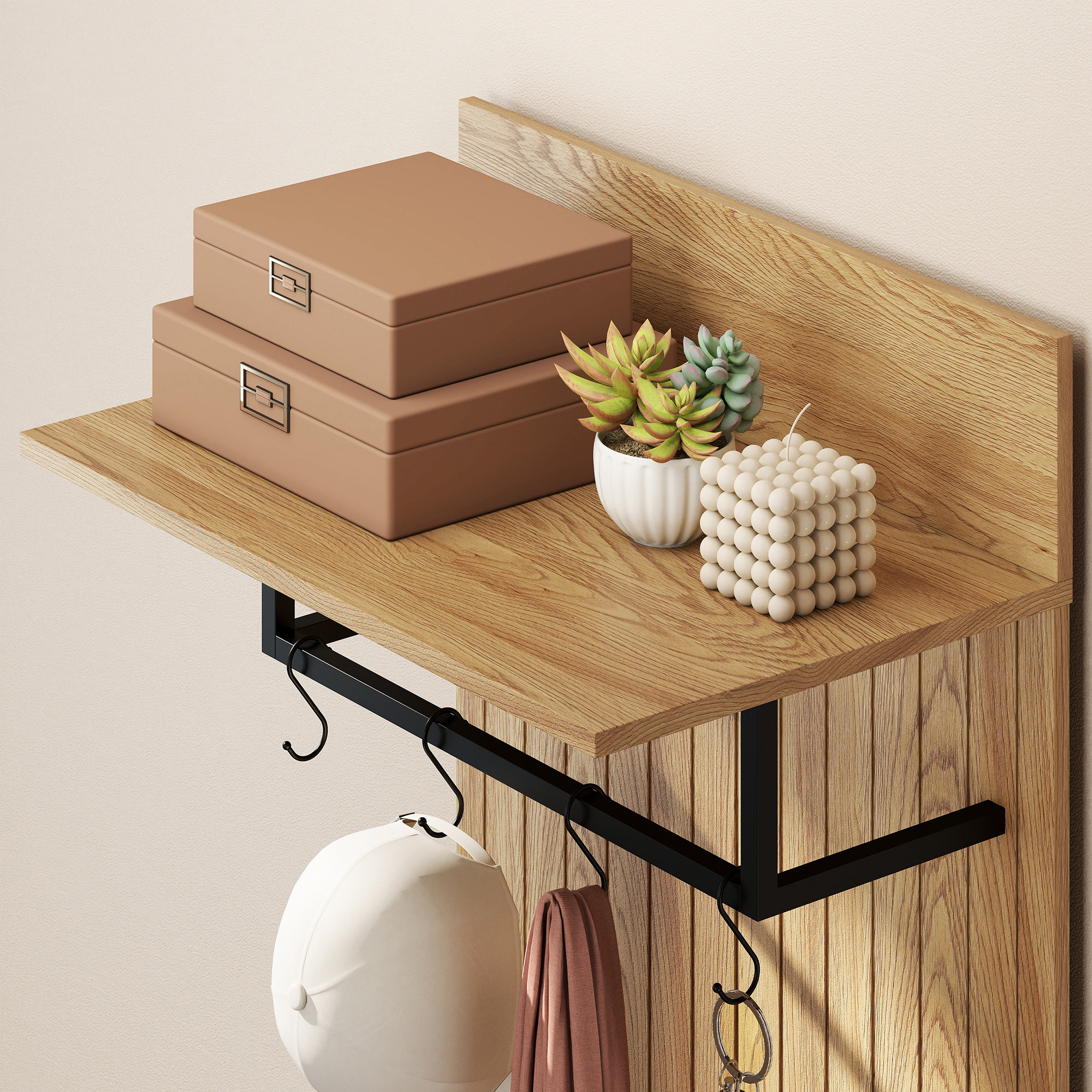  Cuier de Hol cu Pantofar Rabatabil, Cuier cu Banca, 4 Carlige si Rafturi pentru Pantofi, Organizator Modern pentru Hol si Coridor, Stejar si Alb [8]