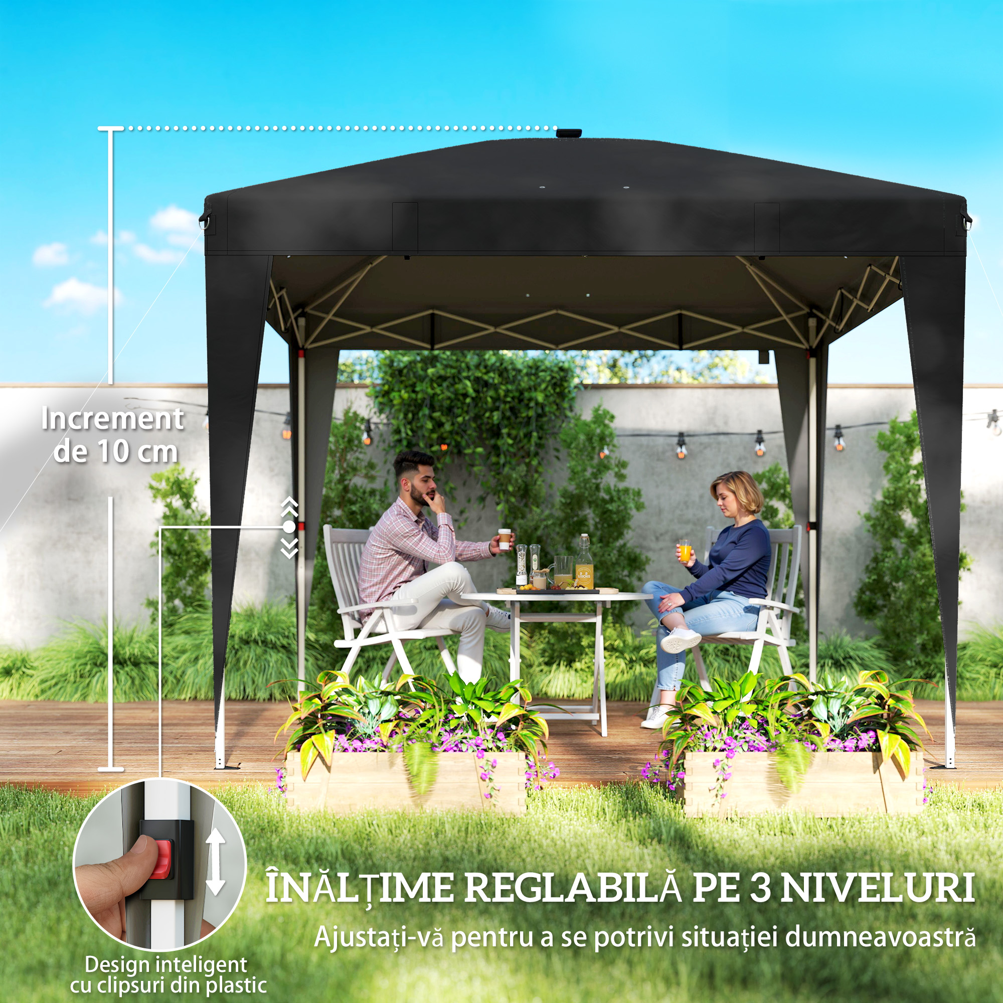  Gazebo 3x3 m Pliabil Pop Up cu inaltime Reglabila, UV50+, Gazebo de Gradina cu Lumina Centrala si USB, Telecomanda, Geanta de Transport, pentru Exterior, Camping, Petreceri, Negru [6]