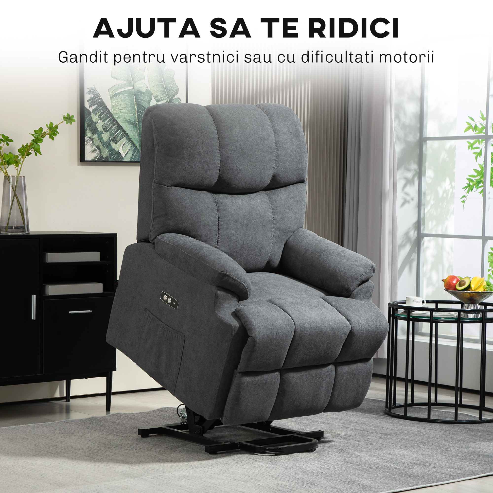  Fotoliu reclinabil pentru ridicare, cu suport pentru picioare, din material textil cu efect de in, 84x96x100 cm, gri inchis [4]