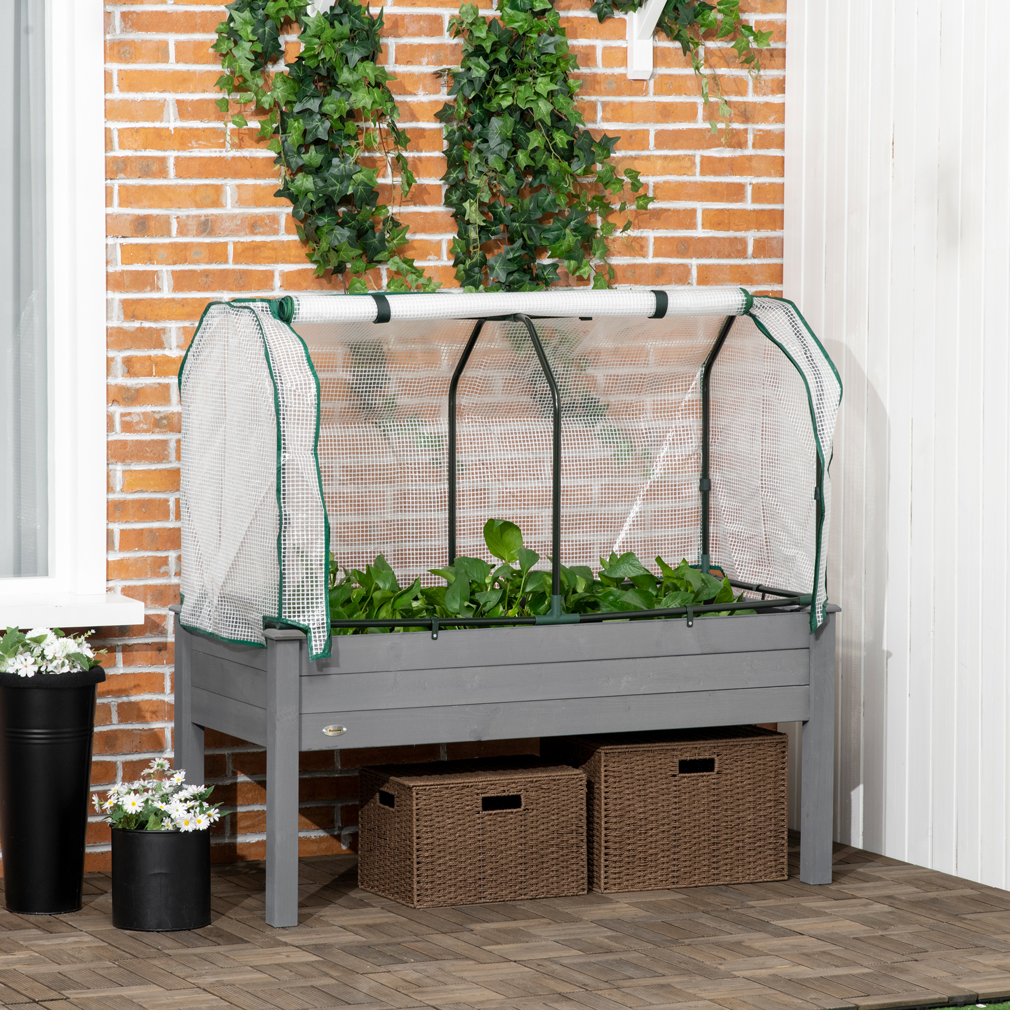  Pat pentru Gradina Ridicat cu Acoperis din PE, Jardiniera Ridicata din Brad cu 4 Gauri de Drenaj, pentru Flori si Legume, pentru Gradina, Balcon, 121x55x117 cm, Gri inchis [1]