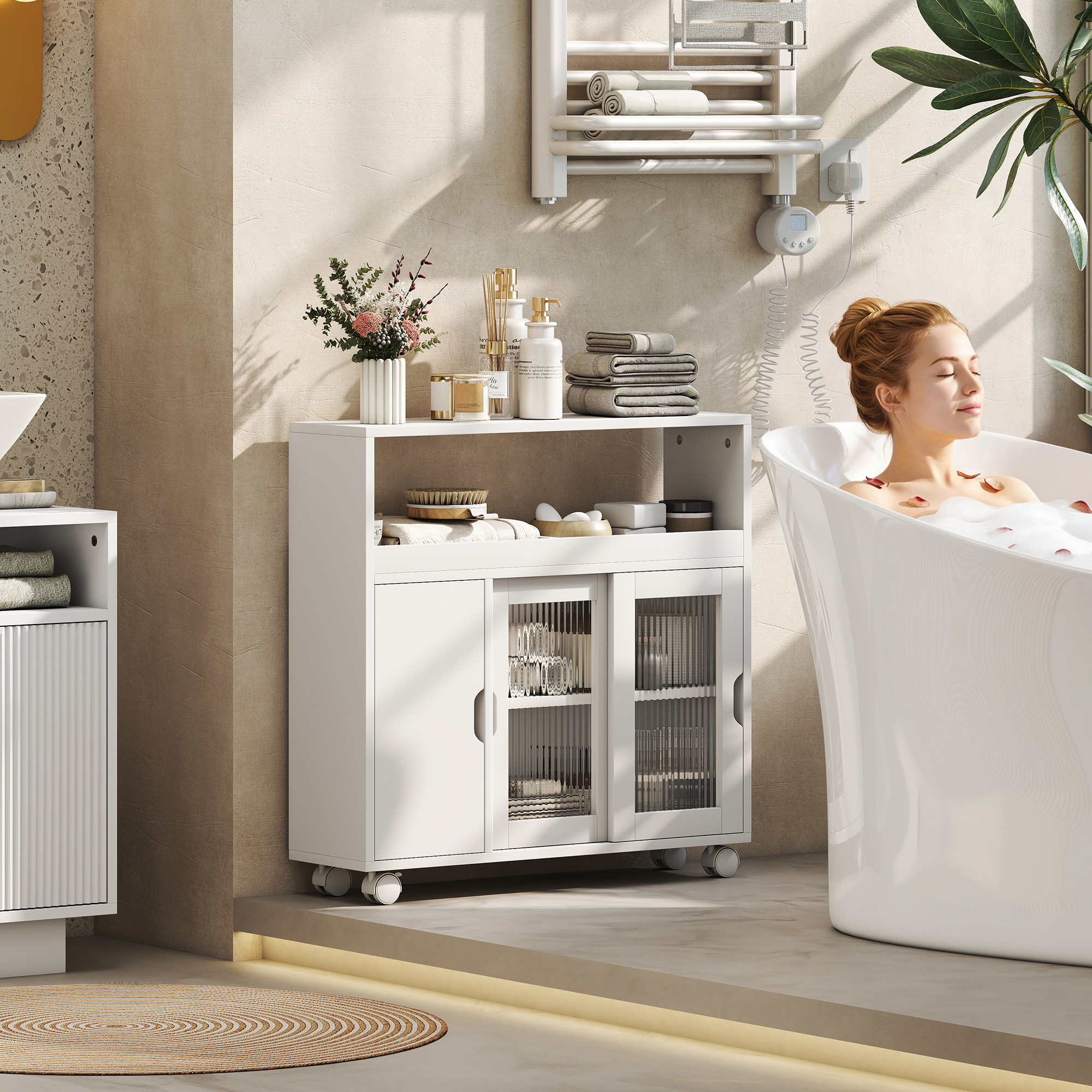  Dulap pentru Baie pe Rotile din Lemn cu Spatiu Deschis, Rafturi Reglabile si Usi din Sticla, 71x20x70 cm, Alb [1]