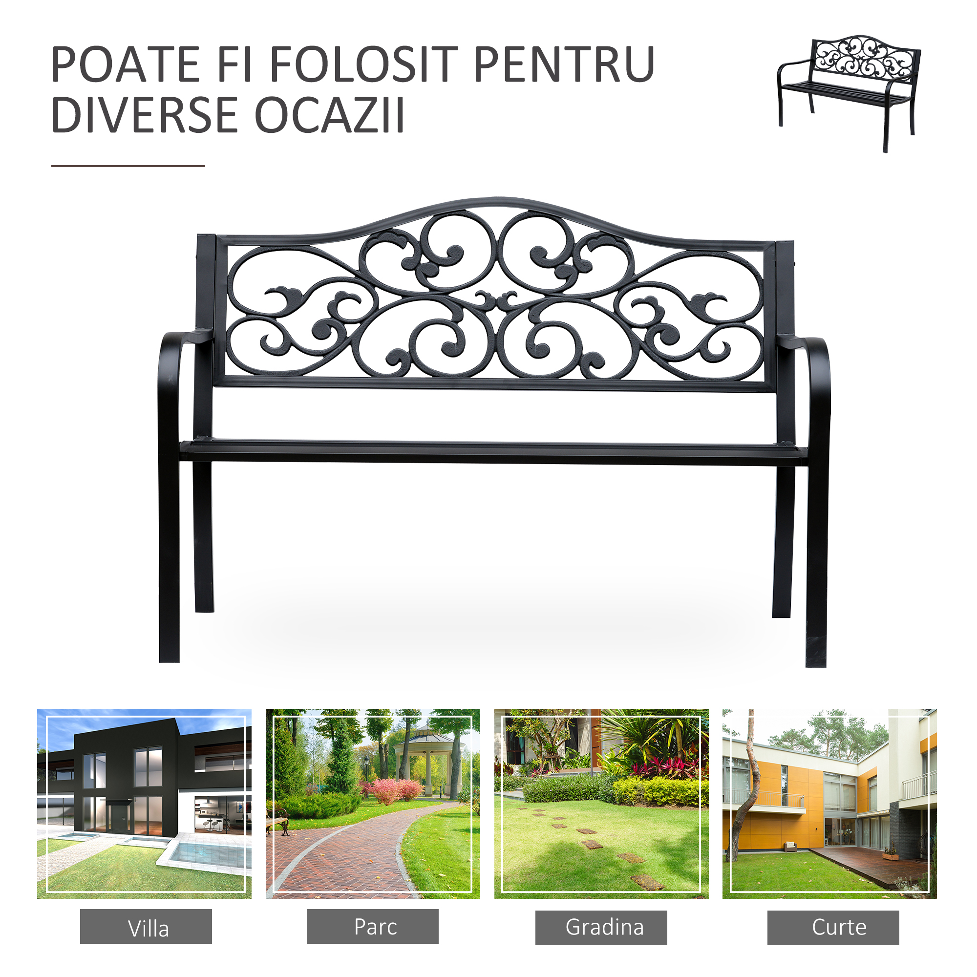  Banca pentru exterior din metal, 127x60x89cm, negru [5]