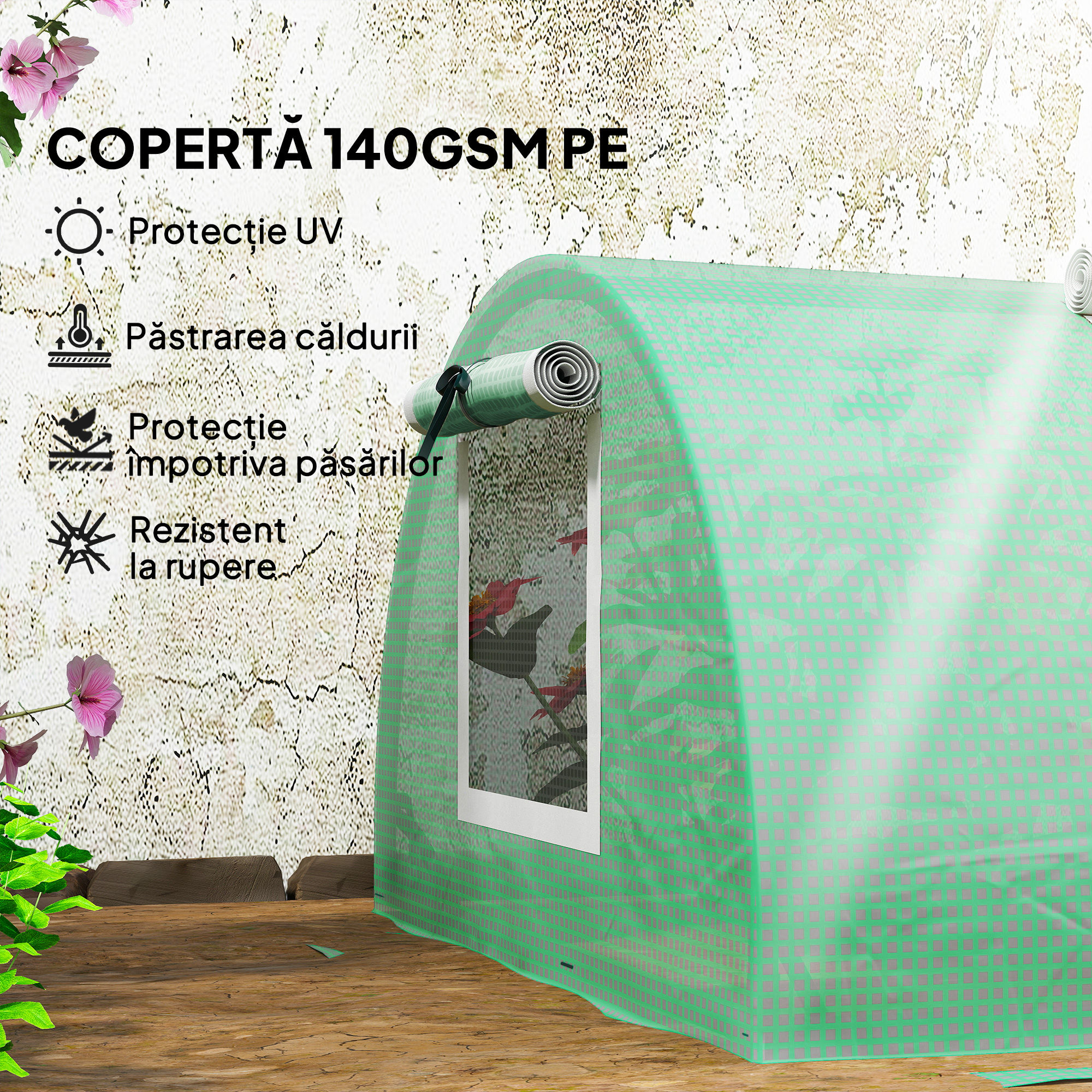  Sera mica cu 5 ferestre si grilaj central, din otel, PE si PP, 300x80x45 cm, verde [3]